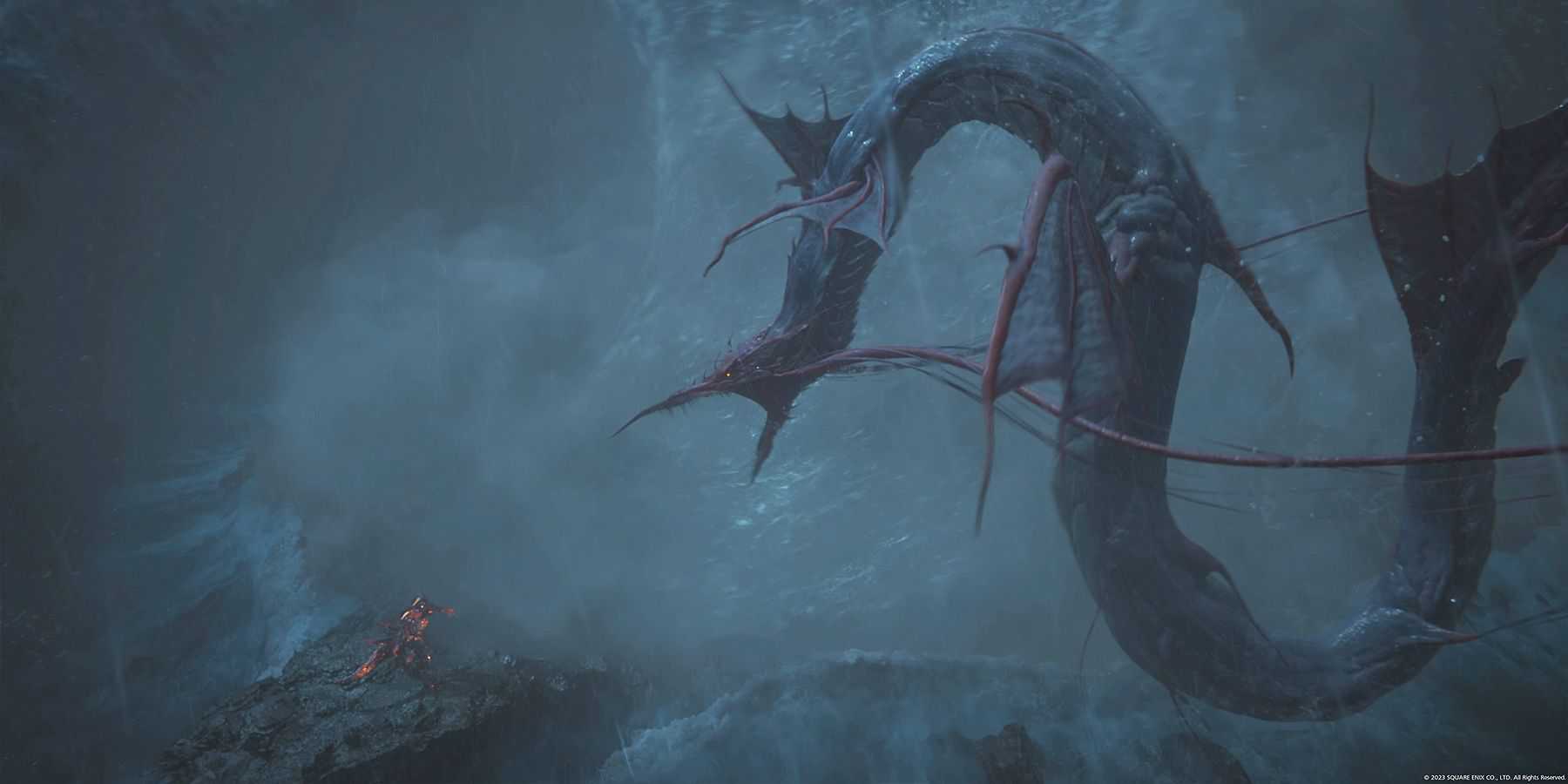 Leviathan roaring at Ifrit in Final Fantasy 16 The Rising Tide