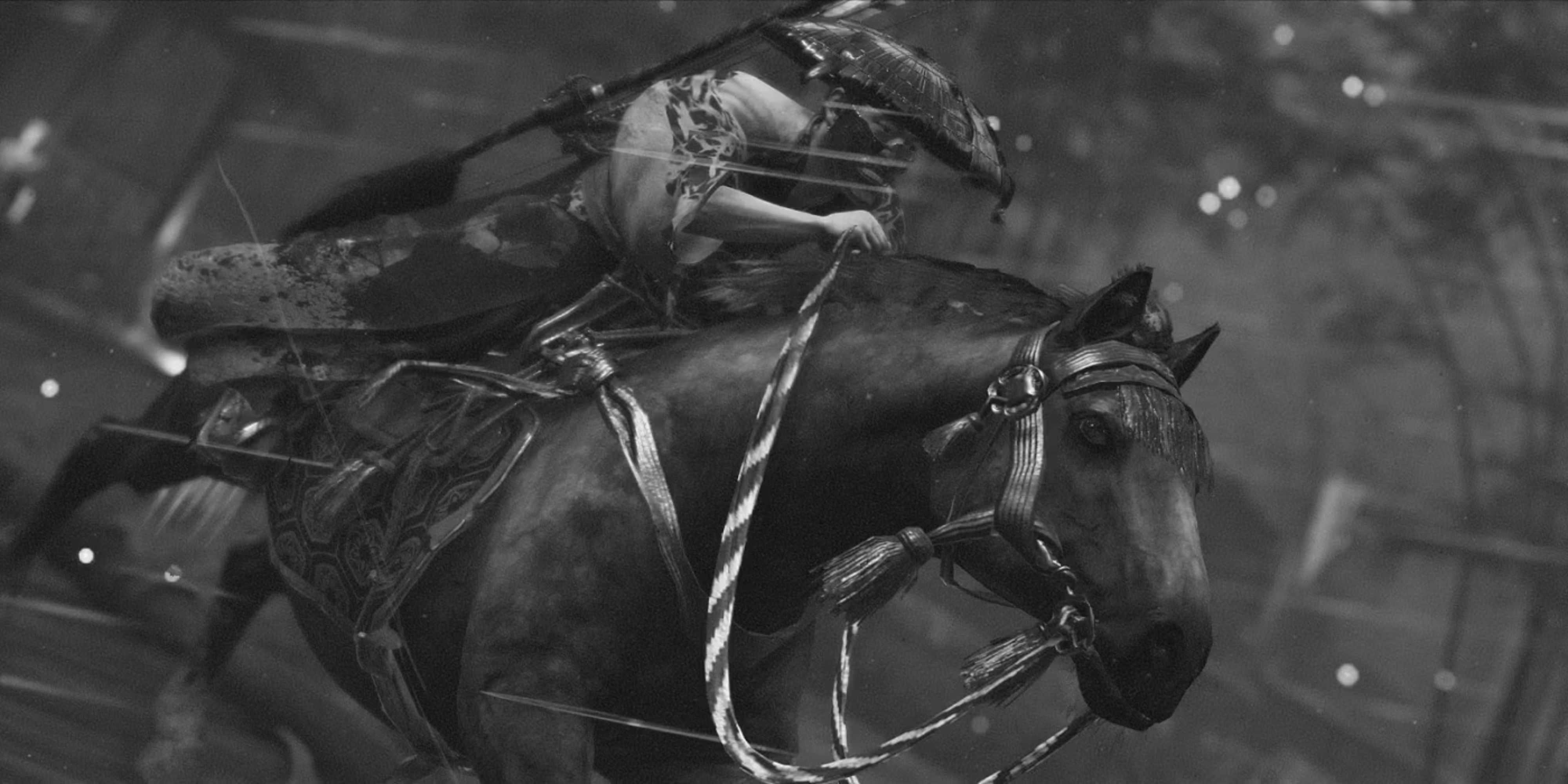 ghost of tsushima jin riding his horse in kurosawa mode