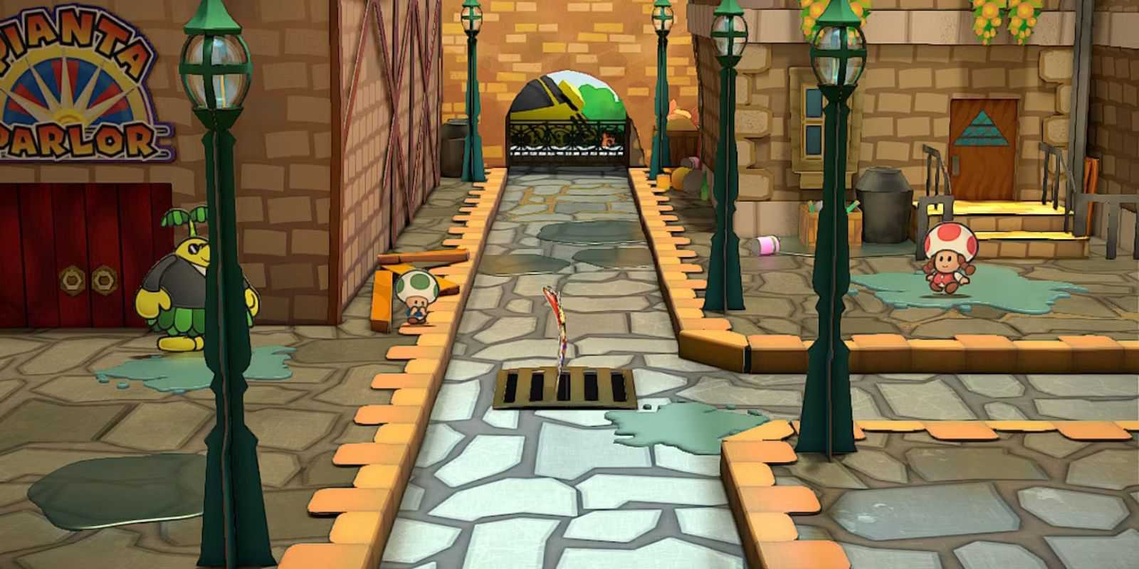 Image of Mario using paper mode to go through the storm drain in Paper Mario The Thousand Year Door