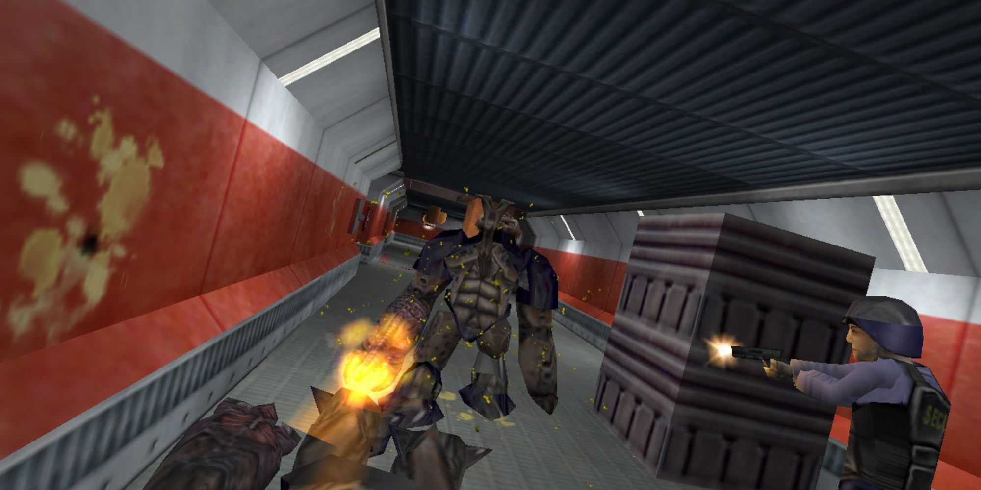 A player and a soldier attacking an alien in Half-Life