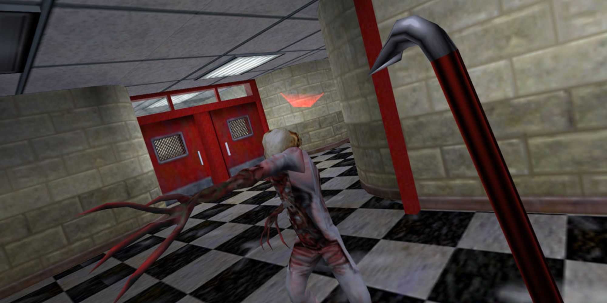 A creature attacking a player wielding a crowbar in a hallway in Half-Life