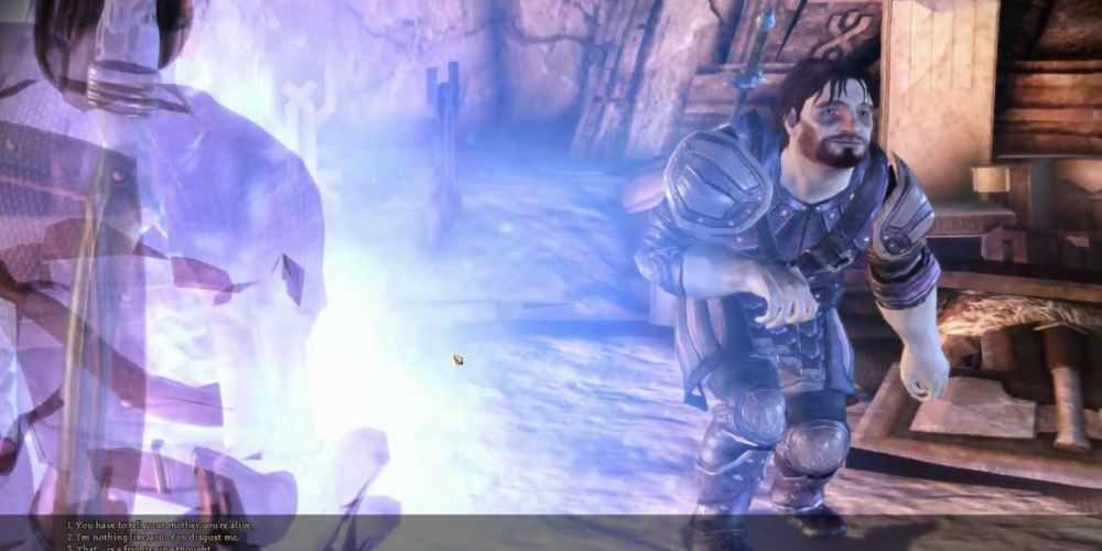 Ruck, um homem baixo e desleixado, de Dragon Age Origins, em pé na frente do jogador