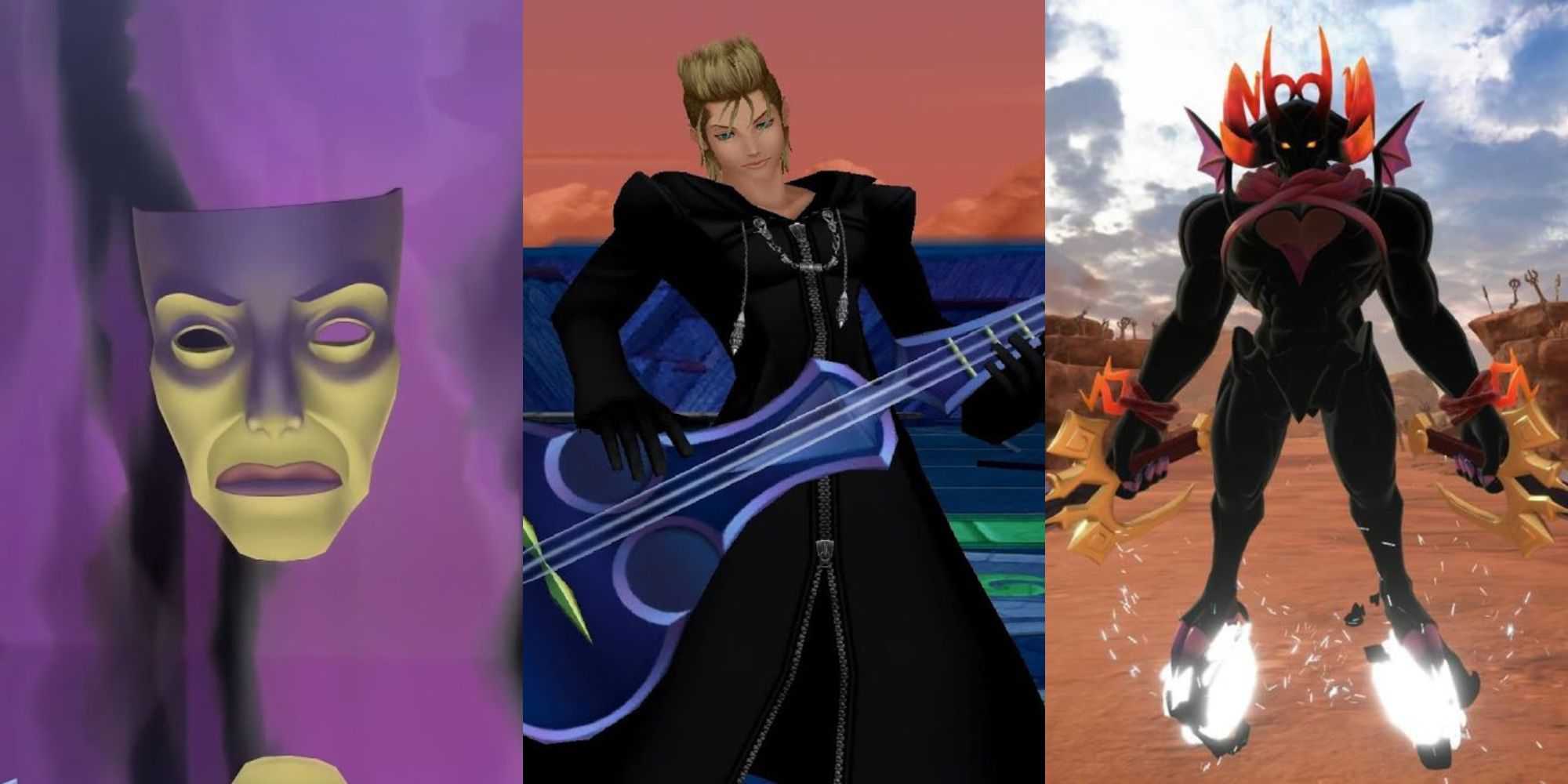 Uma colagem de alguns chefes subestimados da série Kingdom Hearts: The Magic Mirror, Demyx e Dark Inferno.