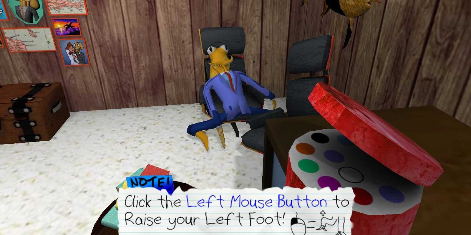 Octodad in chair with control guidlines at the bottom.