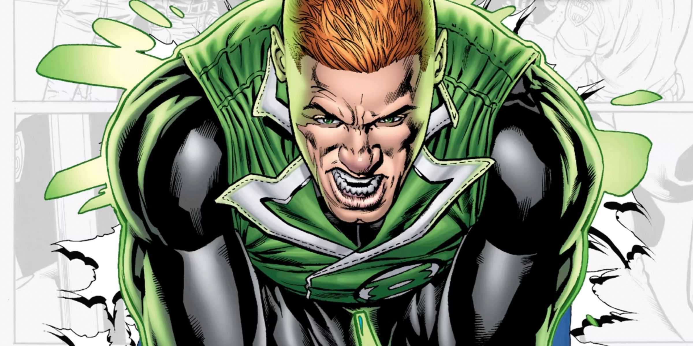 Guy Gardner snarling as he bursts through a DC comic book page