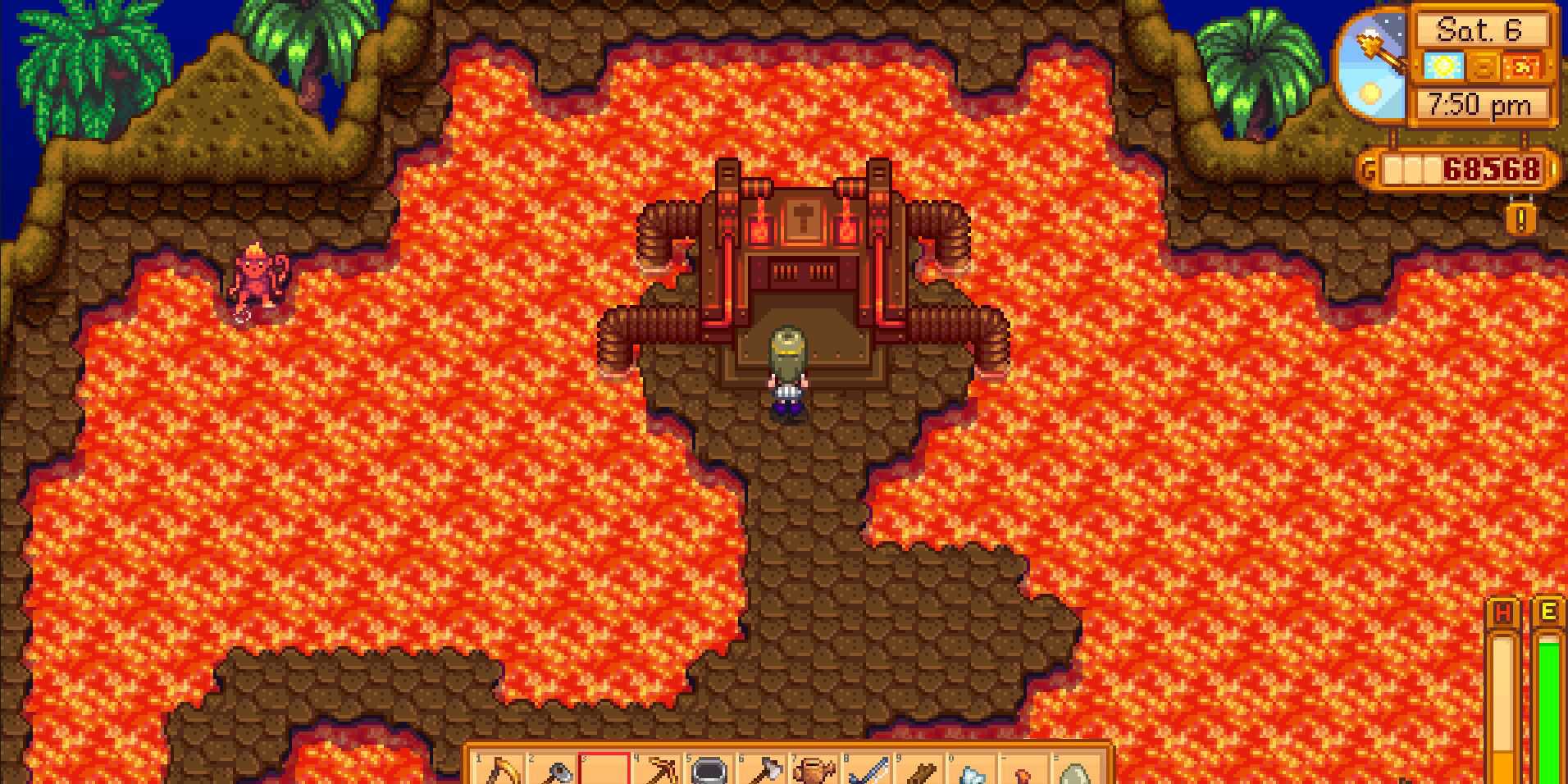 Imagem de um personagem em pé em frente à Forja no Calabouço do Vulcão em Stardew Valley