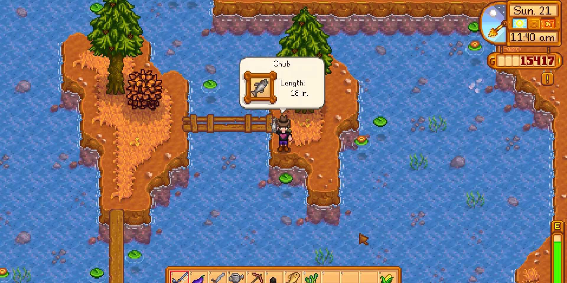 Imagem de um personagem após capturar um Chub em Stardew Valley