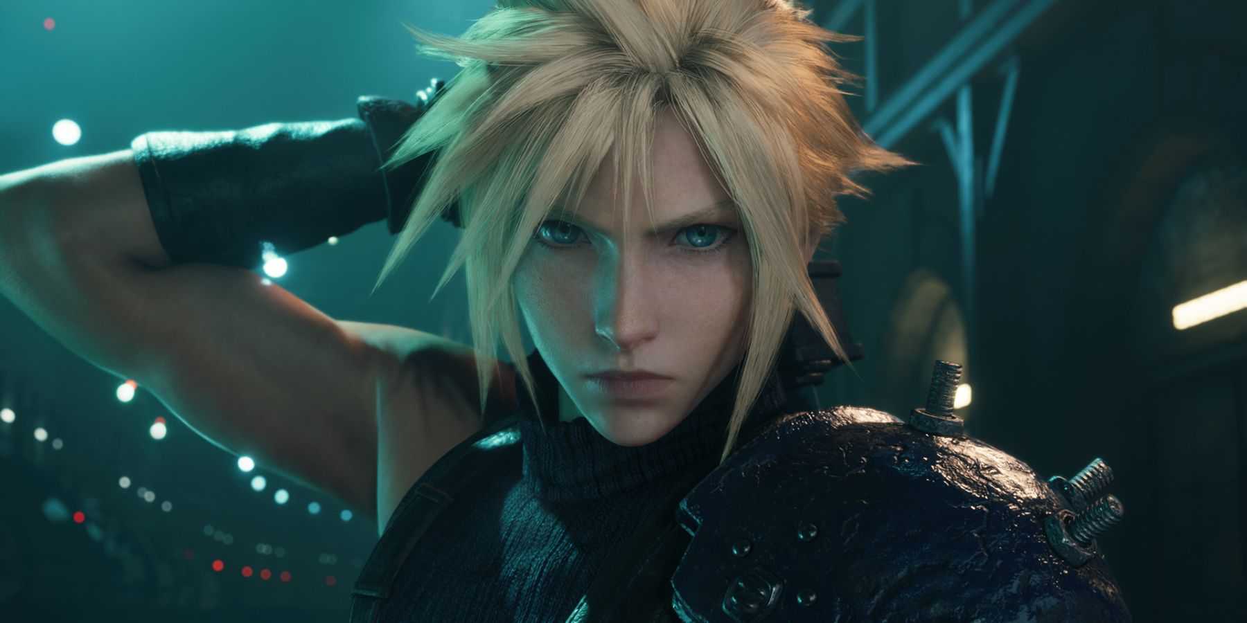 Cloud Strife in a black outfit looking determined in Final Fantasy 7 Remake