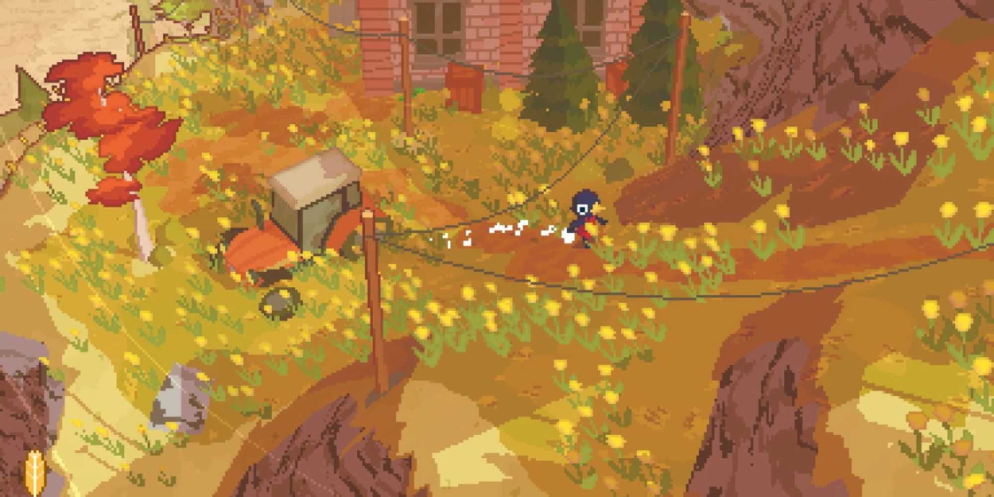 The player running up a hill in A Short Hike with a house and tractor in the background