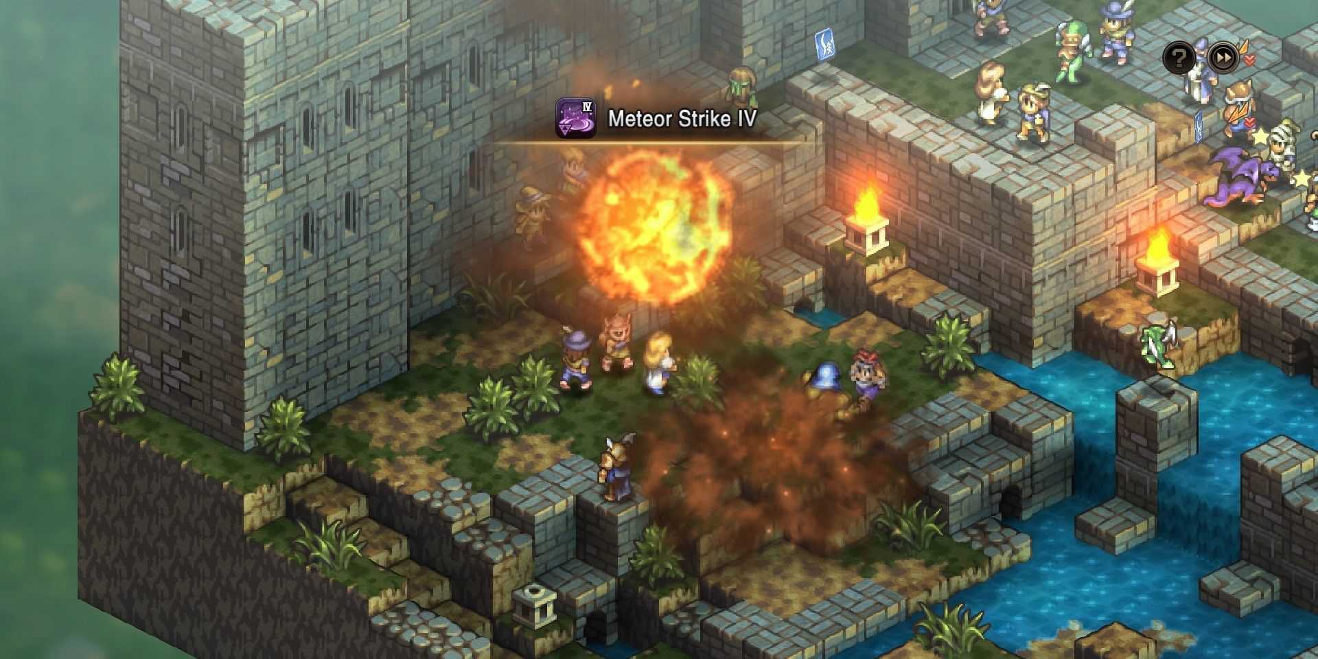 Um meteoro caindo sobre os membros do grupo durante uma batalha em Tactics Ogre: Reborn