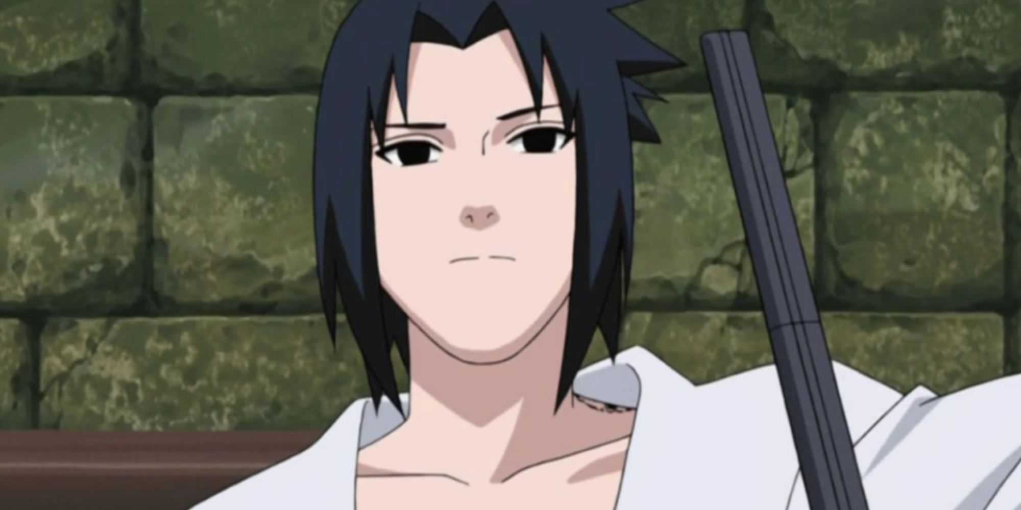 sasuke leans against a wall with his serpent sword