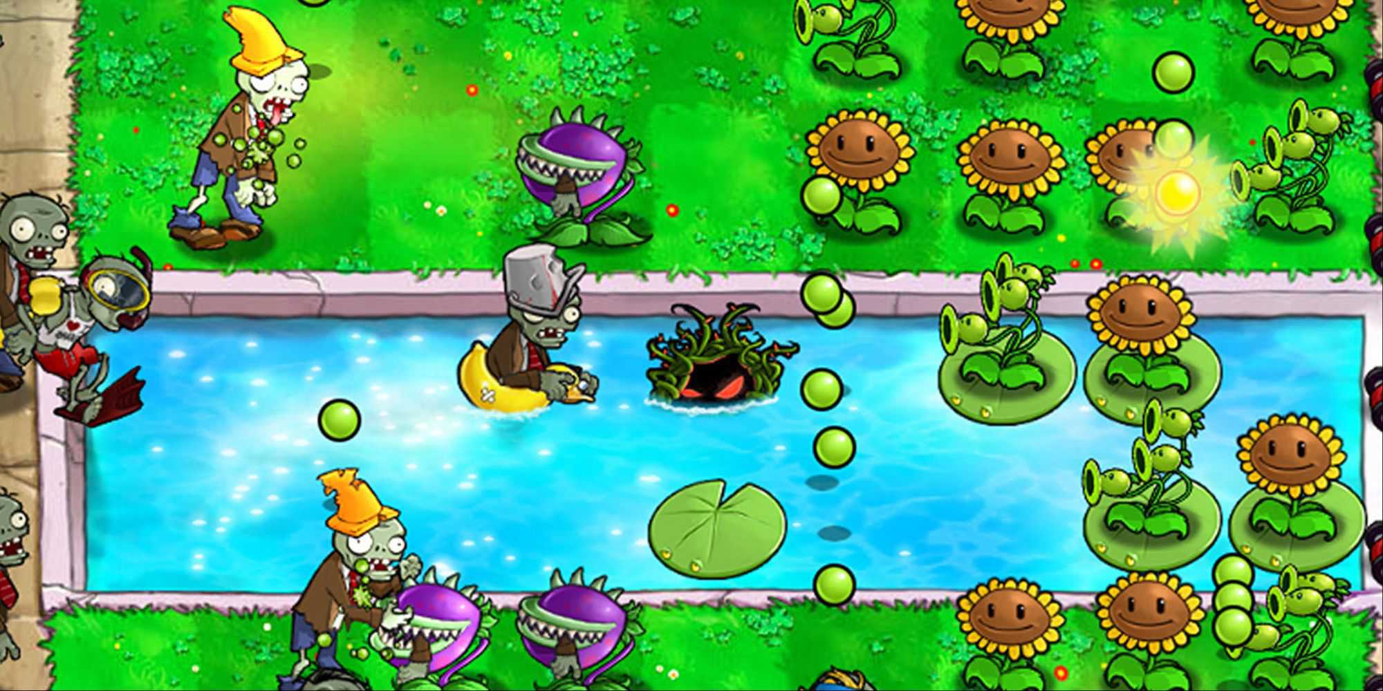 Zombies in both the water and on land attacking plants in Plants Vs. Zombies