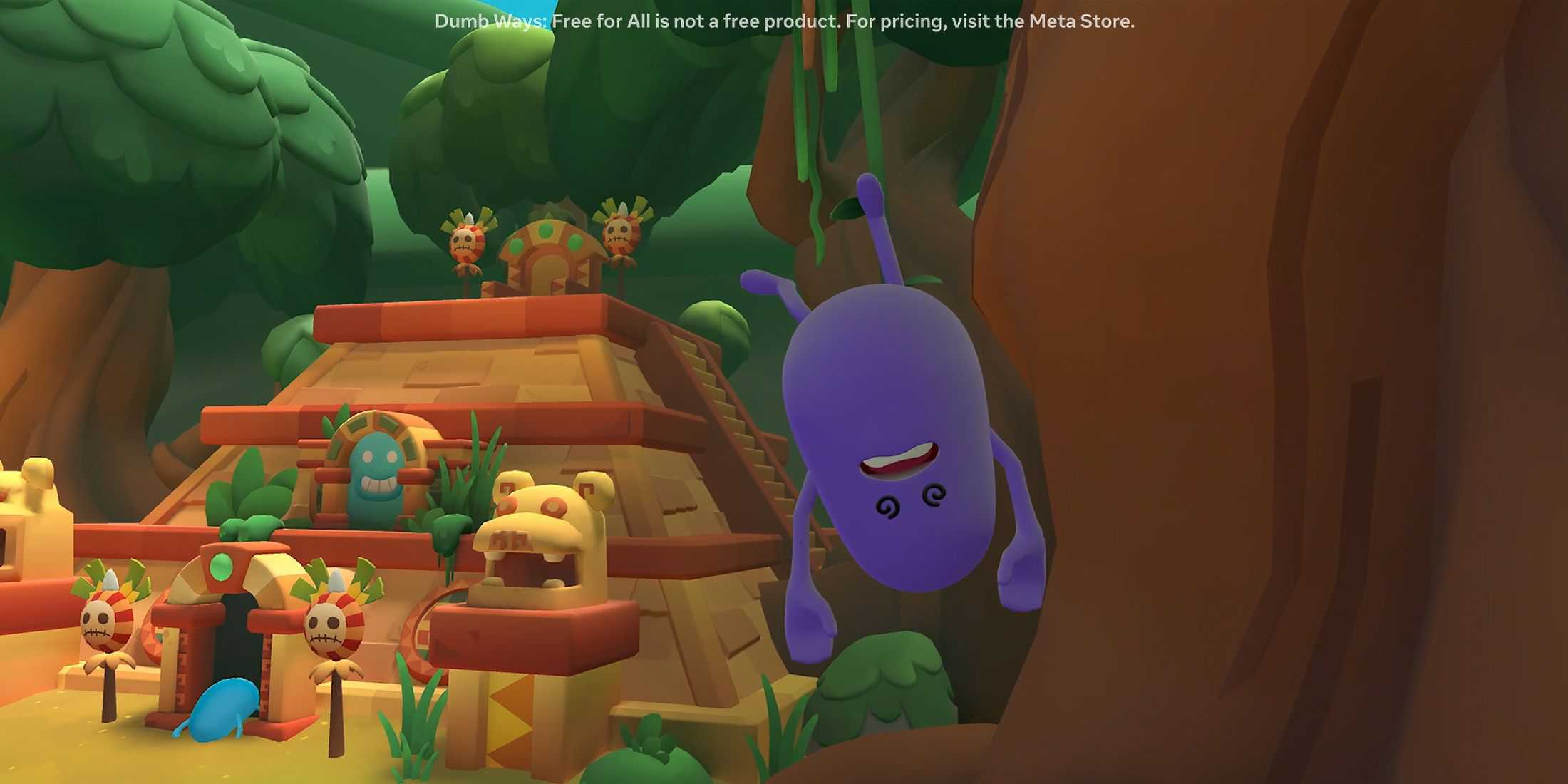 Dumb Ways to Die Free For All trailer screenshot 4 purple bean hanging from tree by an ankle in front of Aztec-like temple