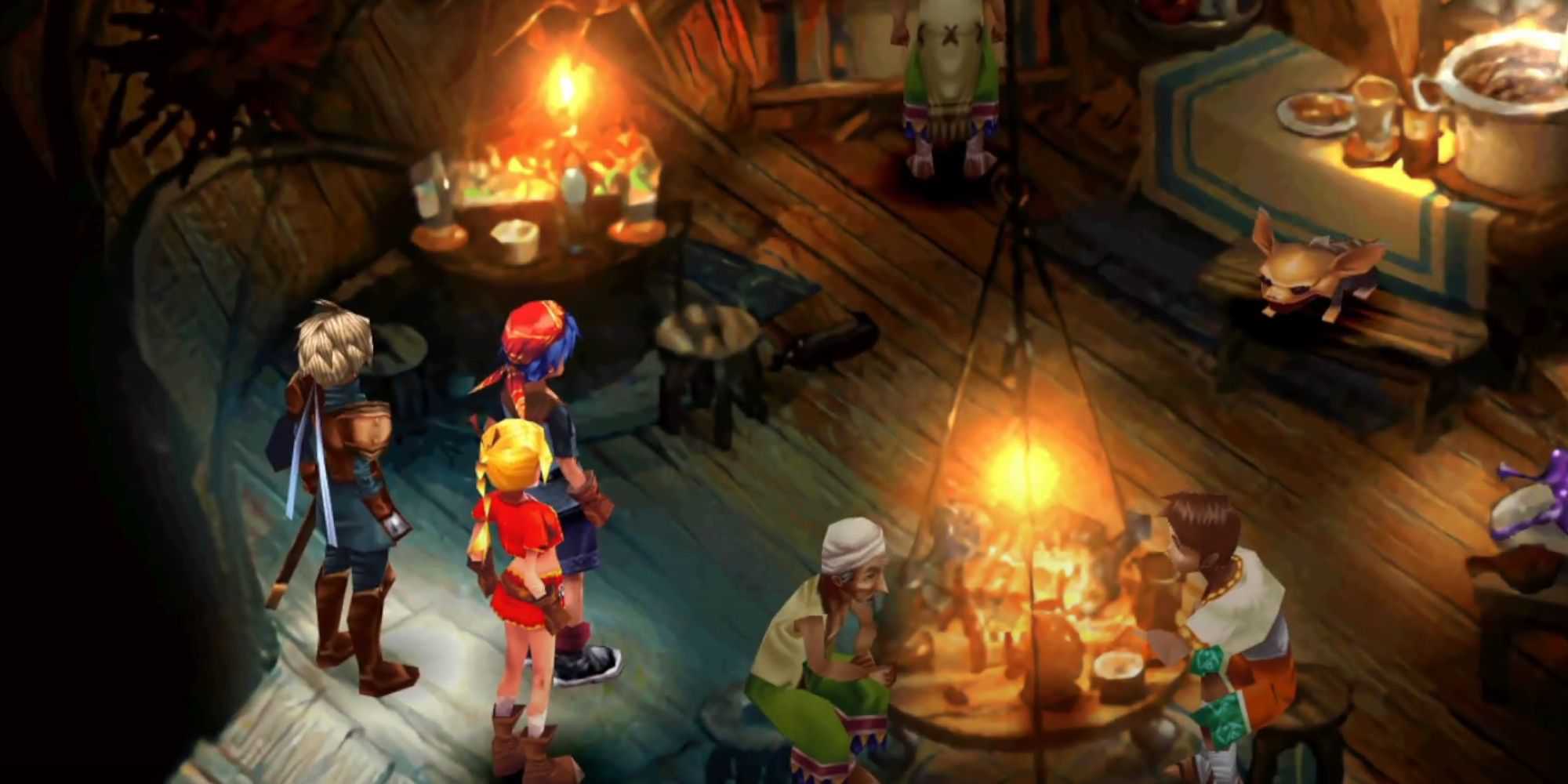 Chrono Cross the party arriving at a food place in the Water Isle