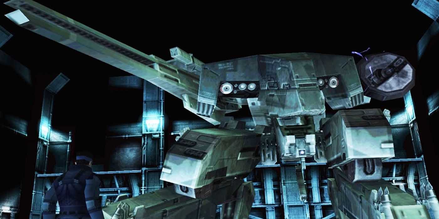 Cobra parada na frente do Metal Gear Rex