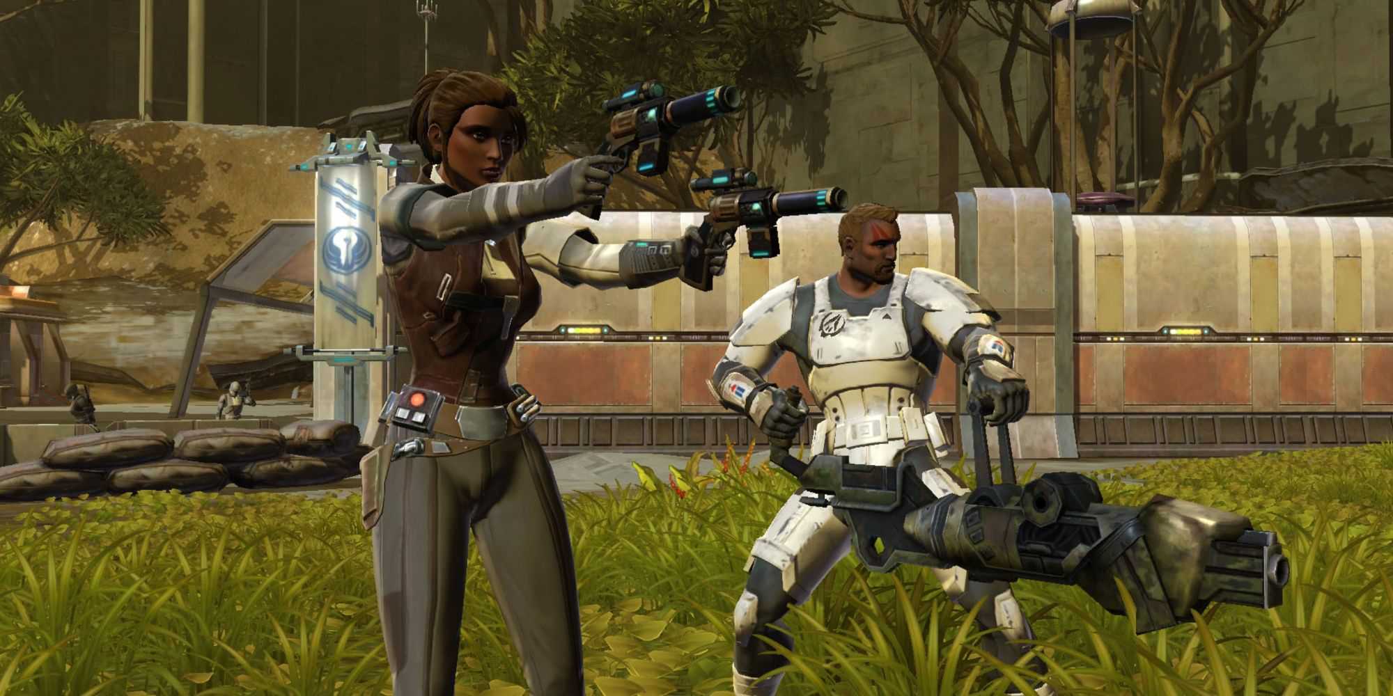 Two characters aiming weapons in Star Wars: The Old Republic