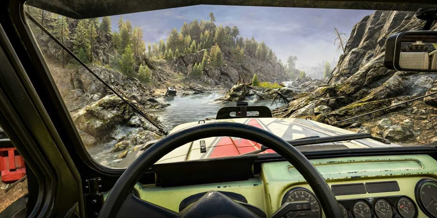 behind wheel of offroad vehicle in expeditions a mudrunner game 