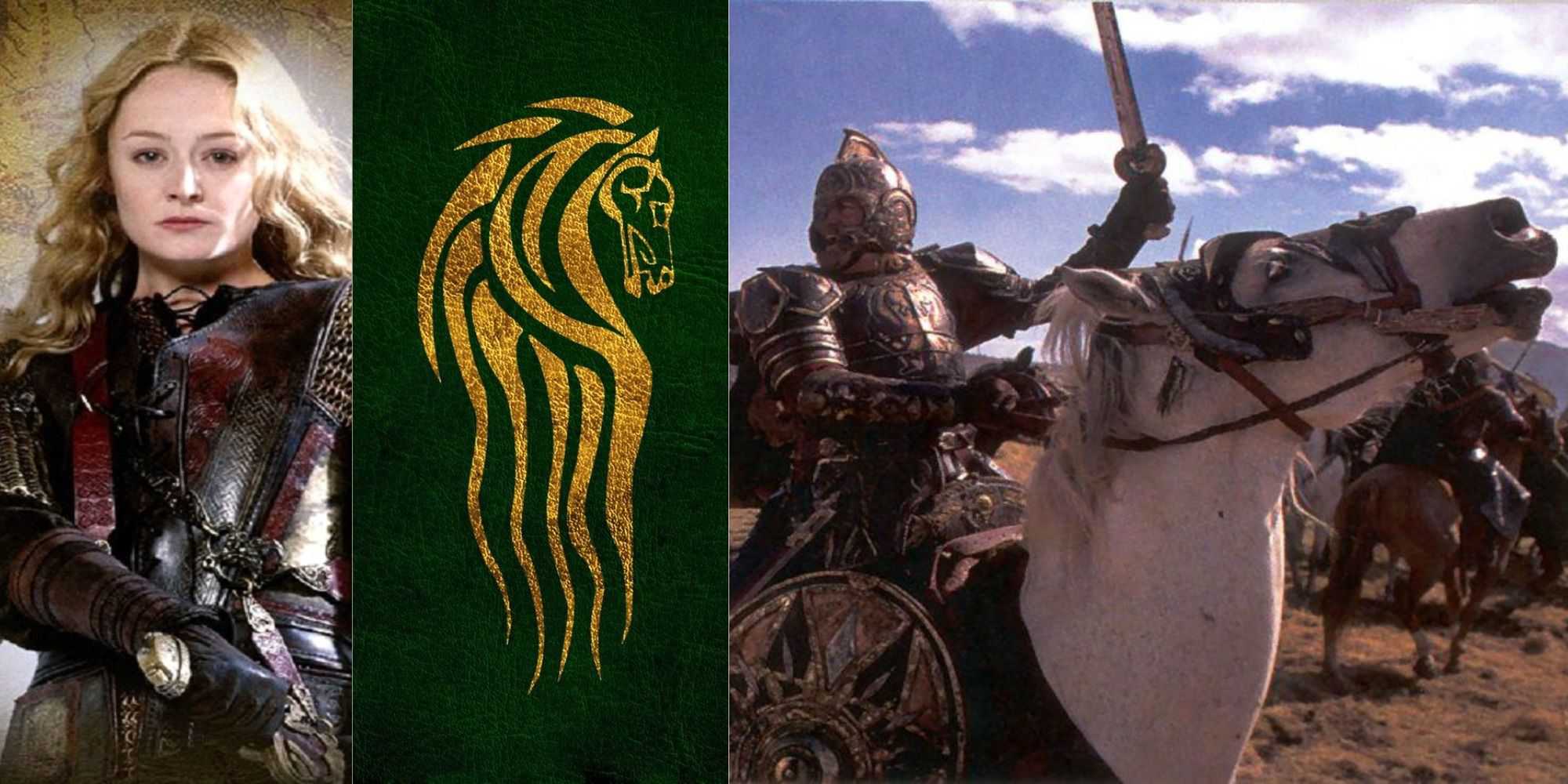 imagem dividida do título Bandeira Emowyn de Rohan King Théoden e Snowmane