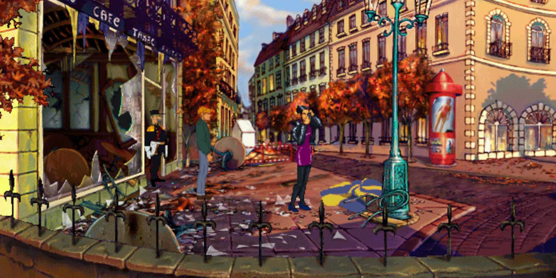 Broken Sword 1996 George and Nico outside the Cafe with Sgt Moue guarding the scene