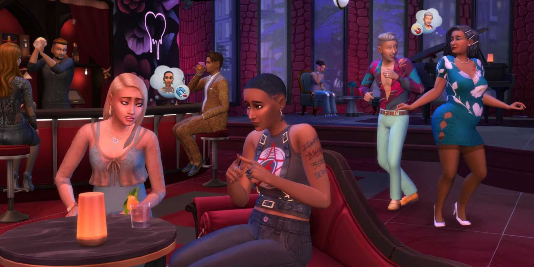 the sims 4 lovestruck women talking in a bar