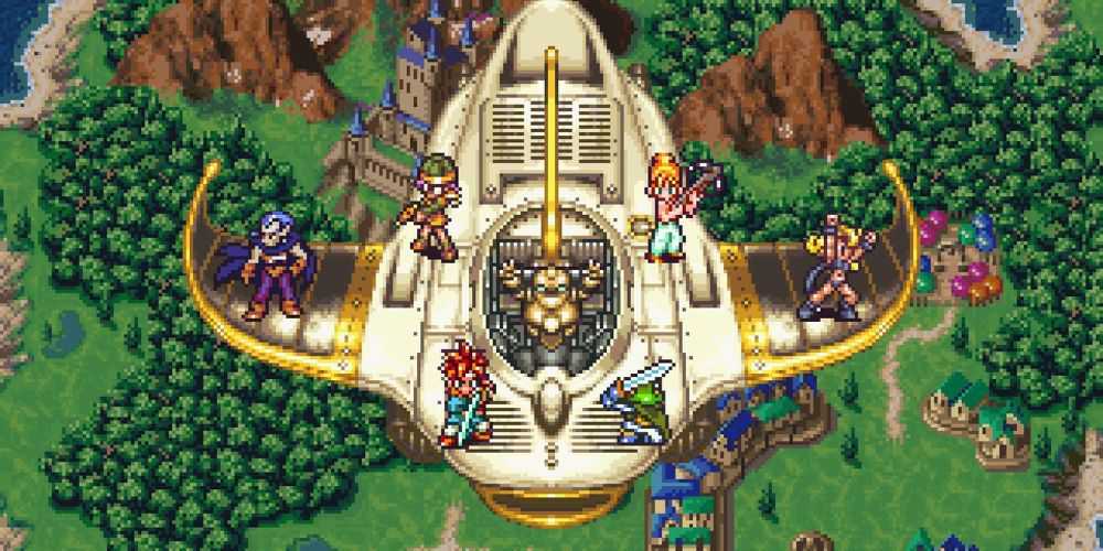 O elenco principal de Chrono Trigger viajando na Máquina do Tempo Epoch.