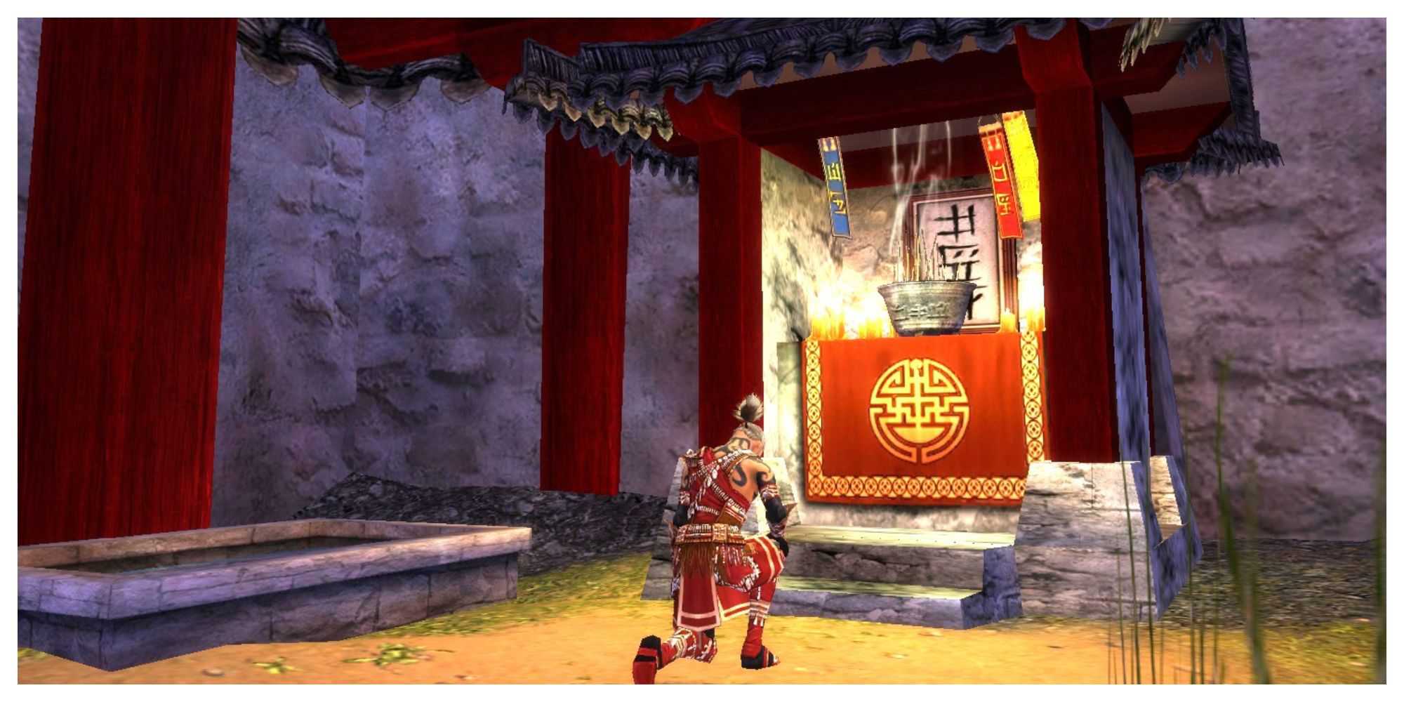 Guild Wars 1 ritualist praying at a shrine