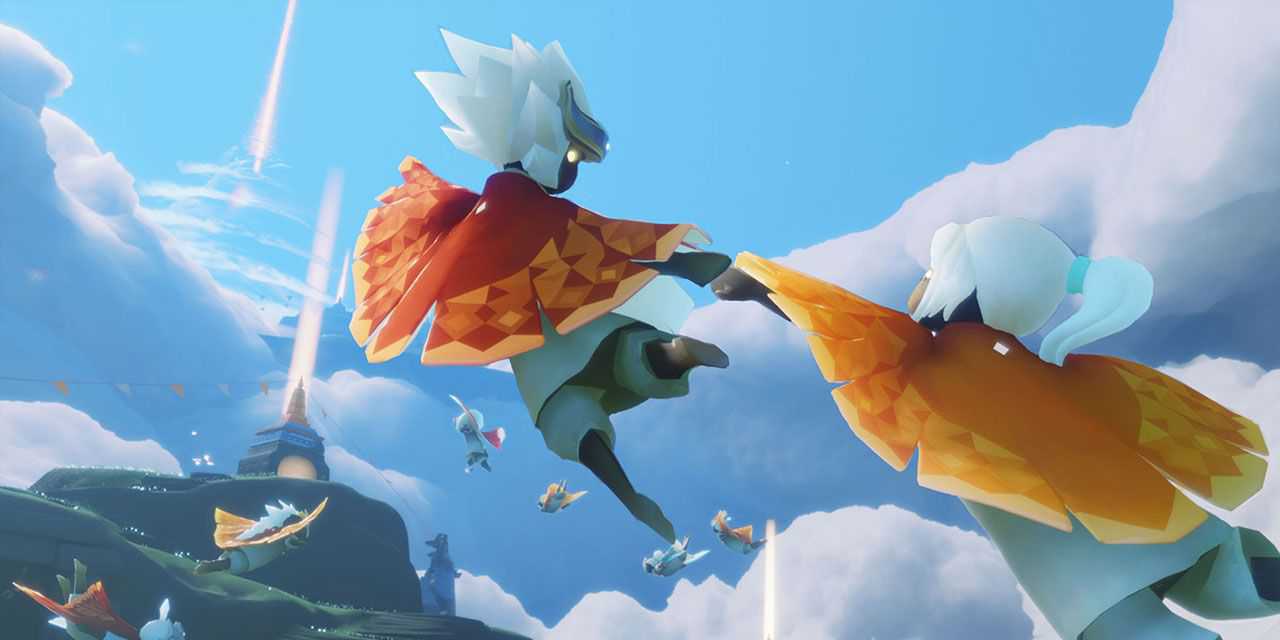 Sky-children-of-the-light-mobile-game-characters-flying-through-sky-towards-shrine