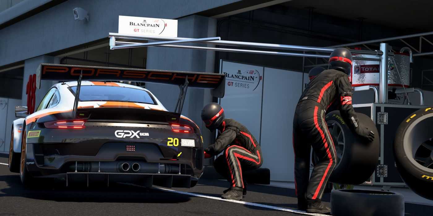 GPX race team changing tires in pits in assetto corsa competizione 