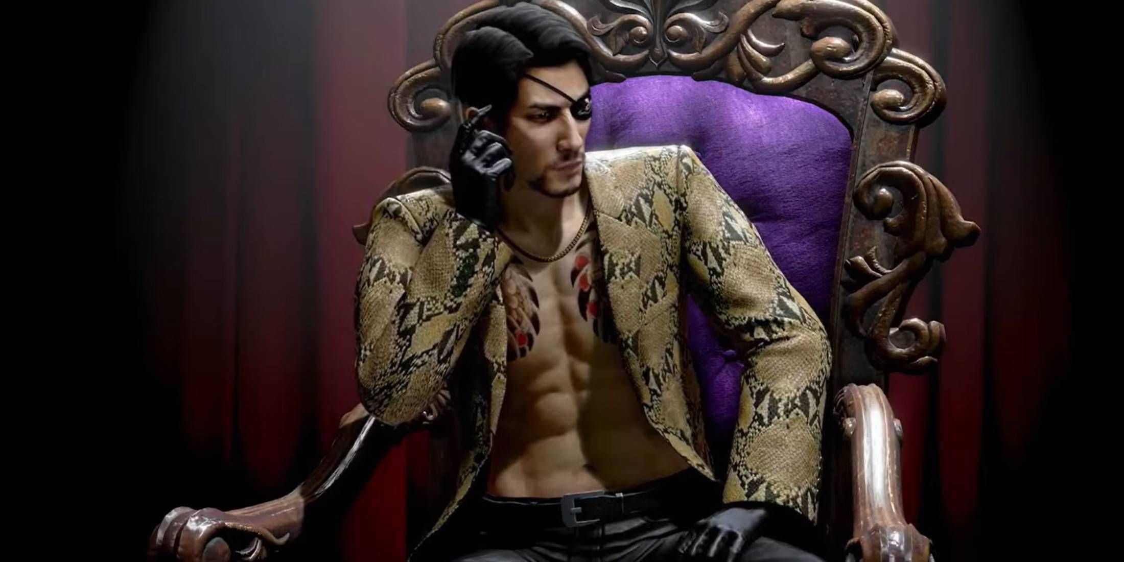 Goro Majima on a throne in Like a Dragon: Pirate Yakuza in Japan's trailer