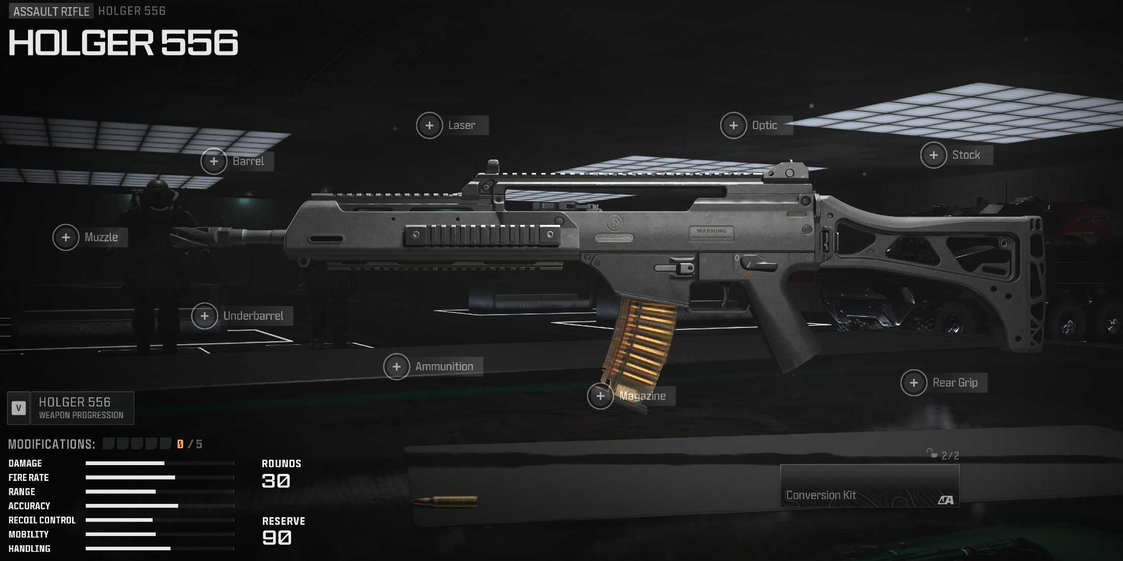 Captura de tela mostrando o Holger 556 no Gunsmith para Modern Warfare 3 e Warzone