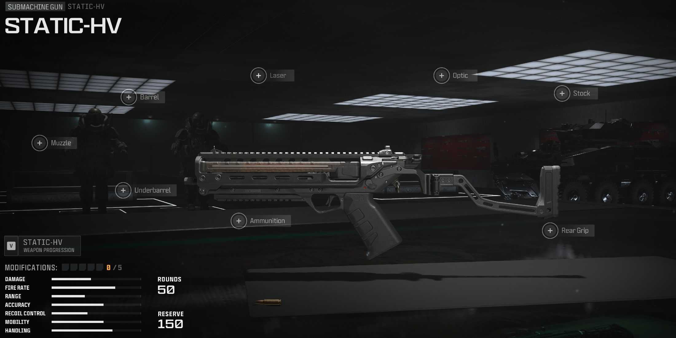 Captura de tela mostrando o Static-HV no Gunsmith para Modern Warfare 3 e Warzone