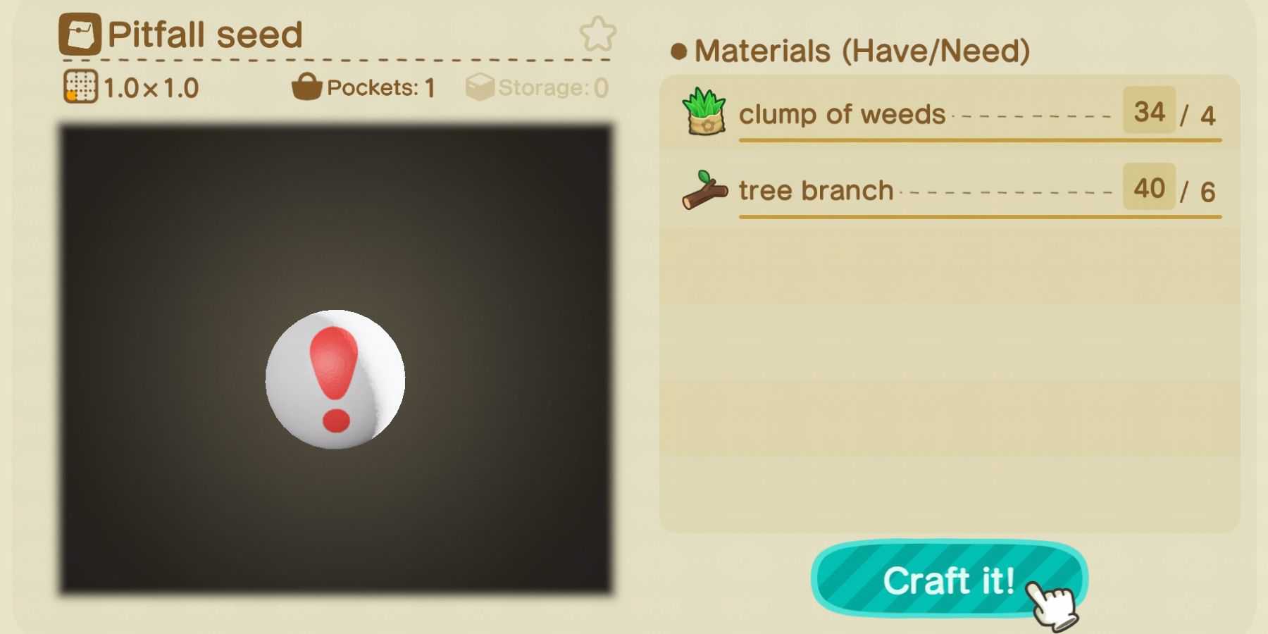 animal crossing pitfall seed recipe