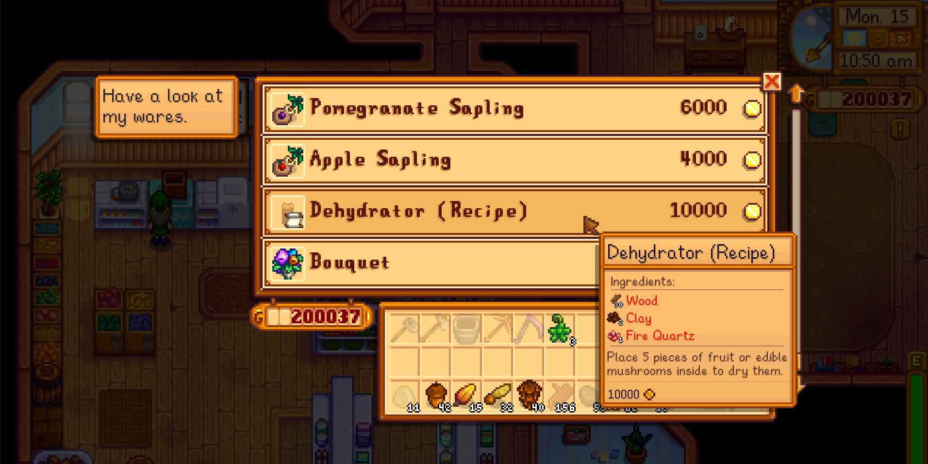 Image of the dehydrator recipe available for purchase at Pierre's in Stardew Valley