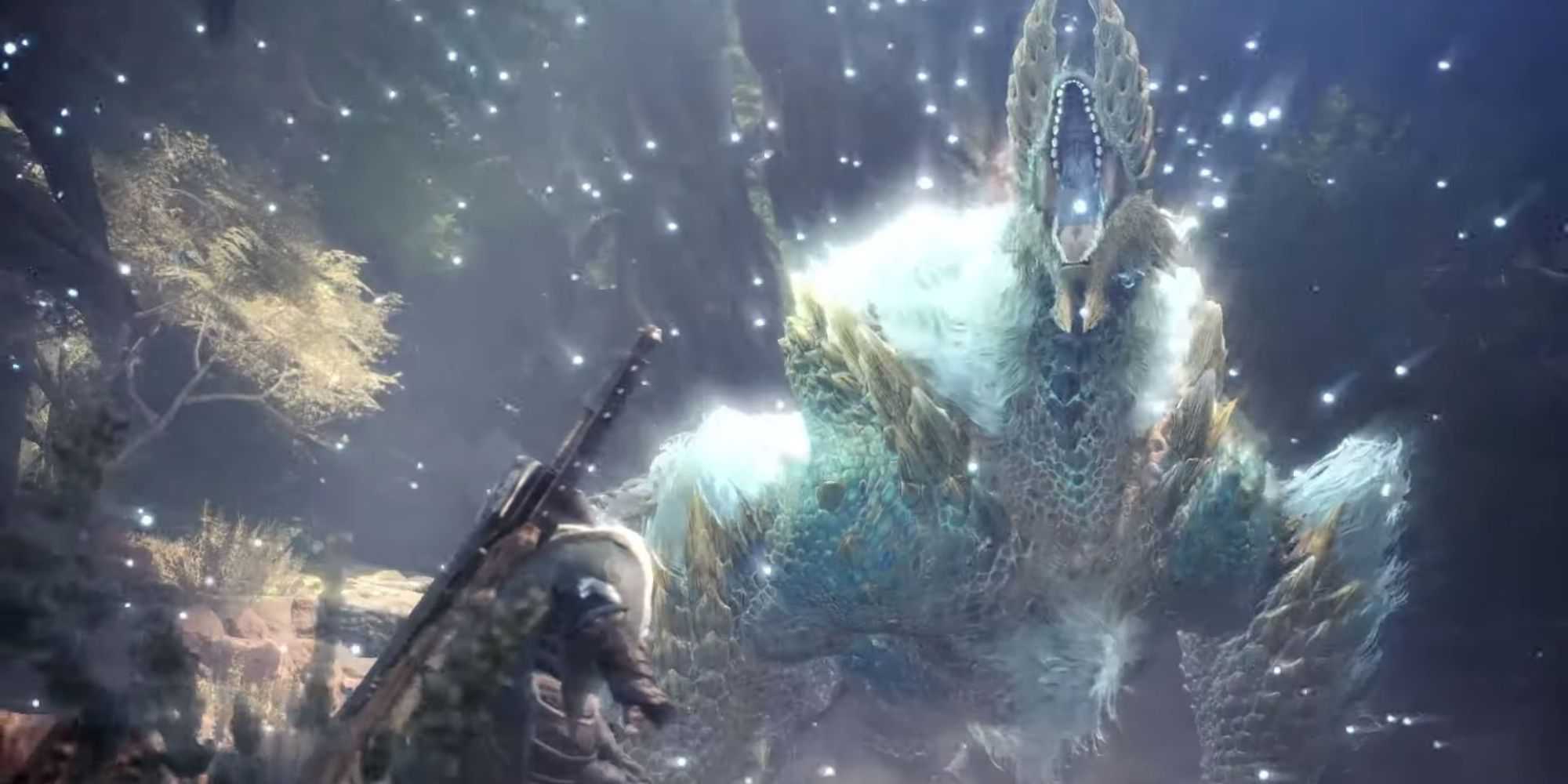 Um Zinogre rugindo de indignação em Monster Hunter World