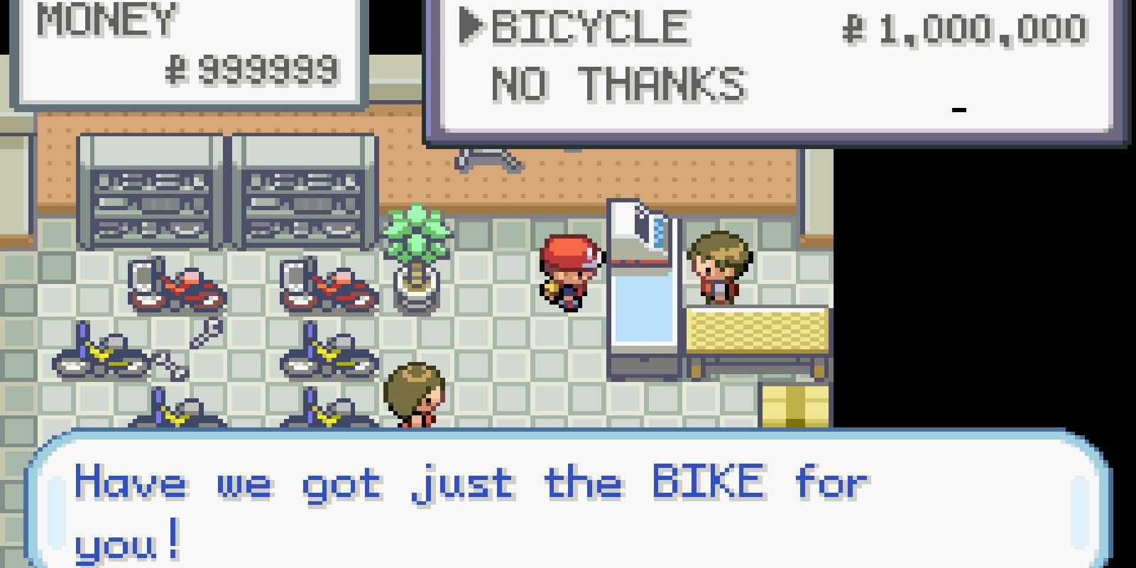 Loja de bicicletas Pokemon Fire Red com o proprietário, o jogador e um cliente