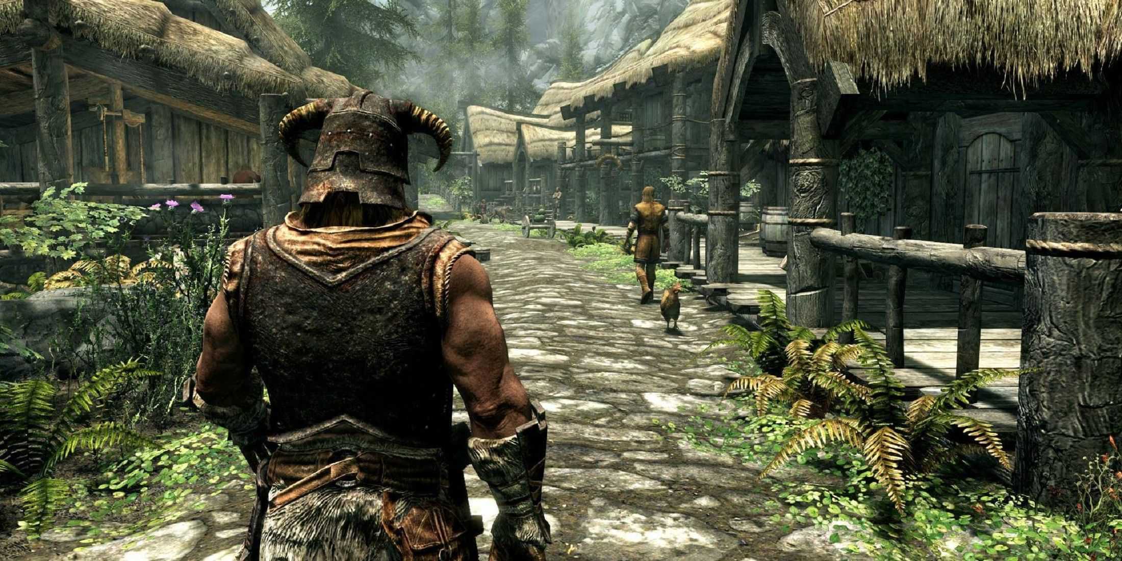 The Dragonborn walking in Skyrim