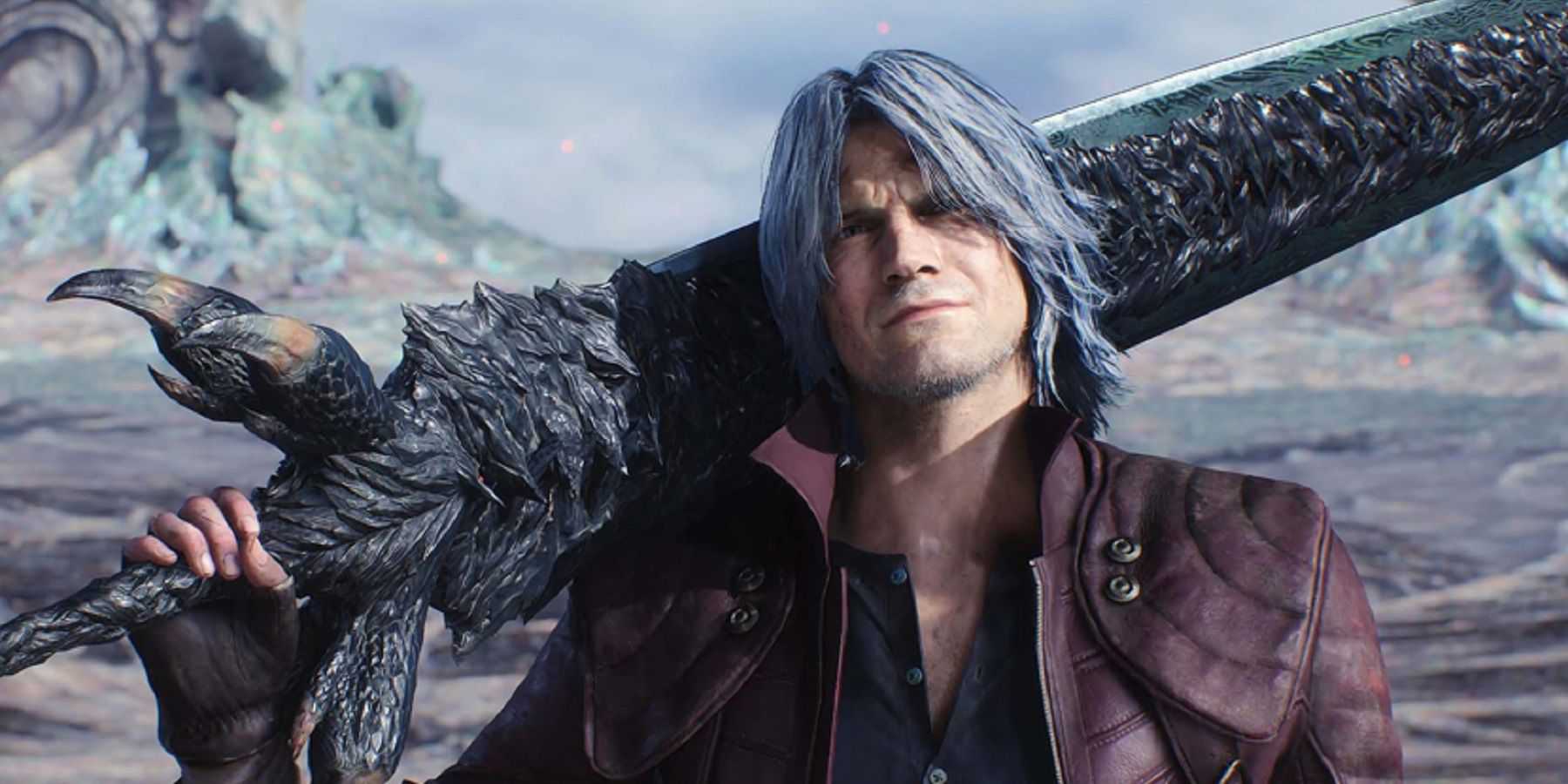 Devil May Cry 5 Dante encara o espectador com uma espada pendurada no ombro.