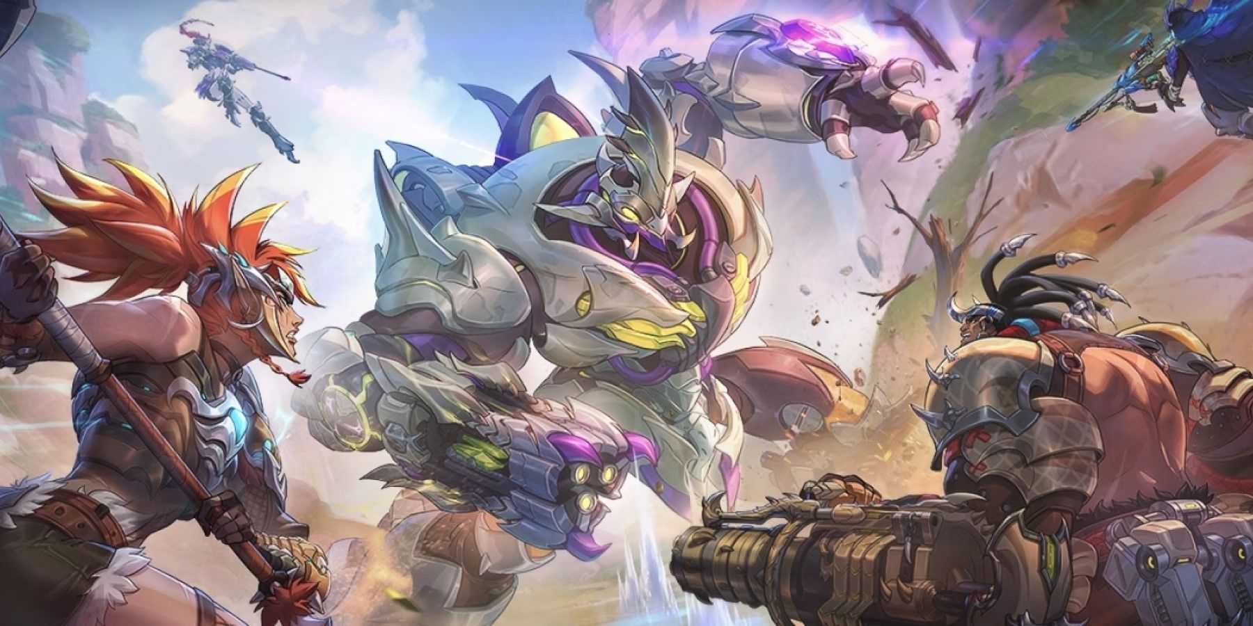 key art from Overwatch 2 season 8 featuring Junker Queen, Mauga, Ana, and Widowmaker fighting Grand Beast Orisa