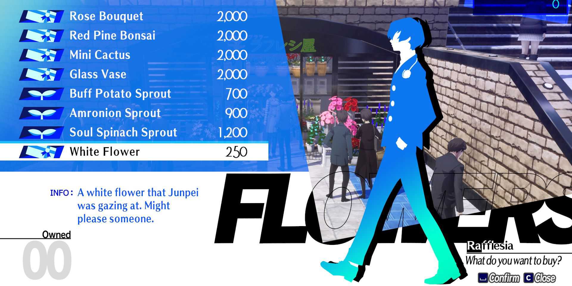 Image of the main character purchasing white flowers in Persona 3 Reload