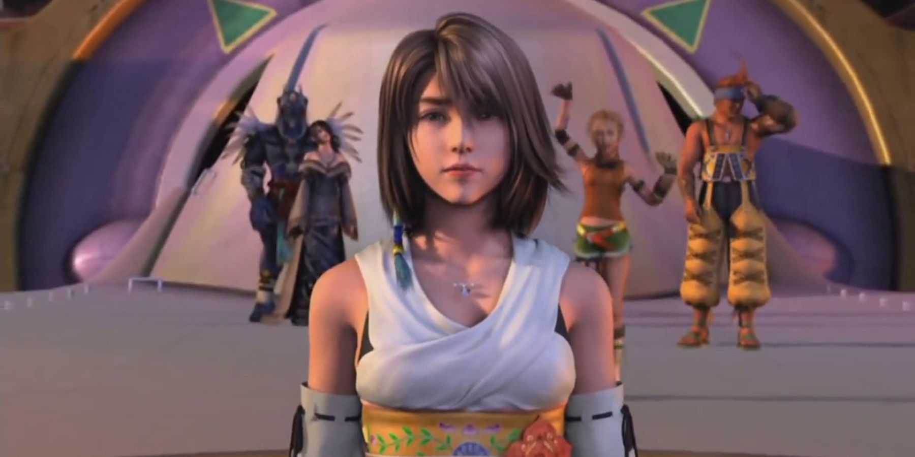 Yuna with her friends aboard the Fahrenheit in Final Fantasy 10