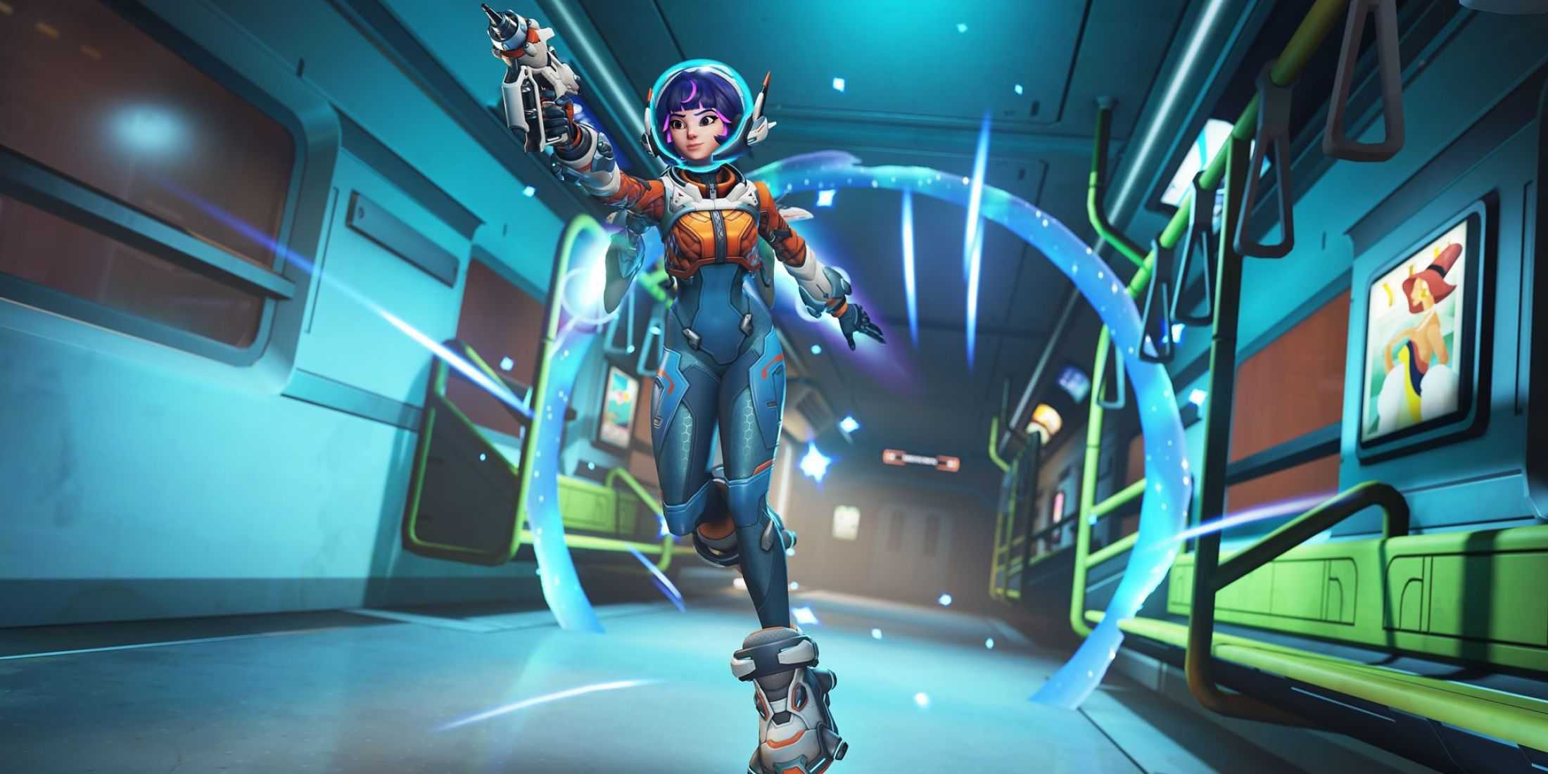 juno space ranger from overwatch 2 season 12 running down a hallway with her ring behind her