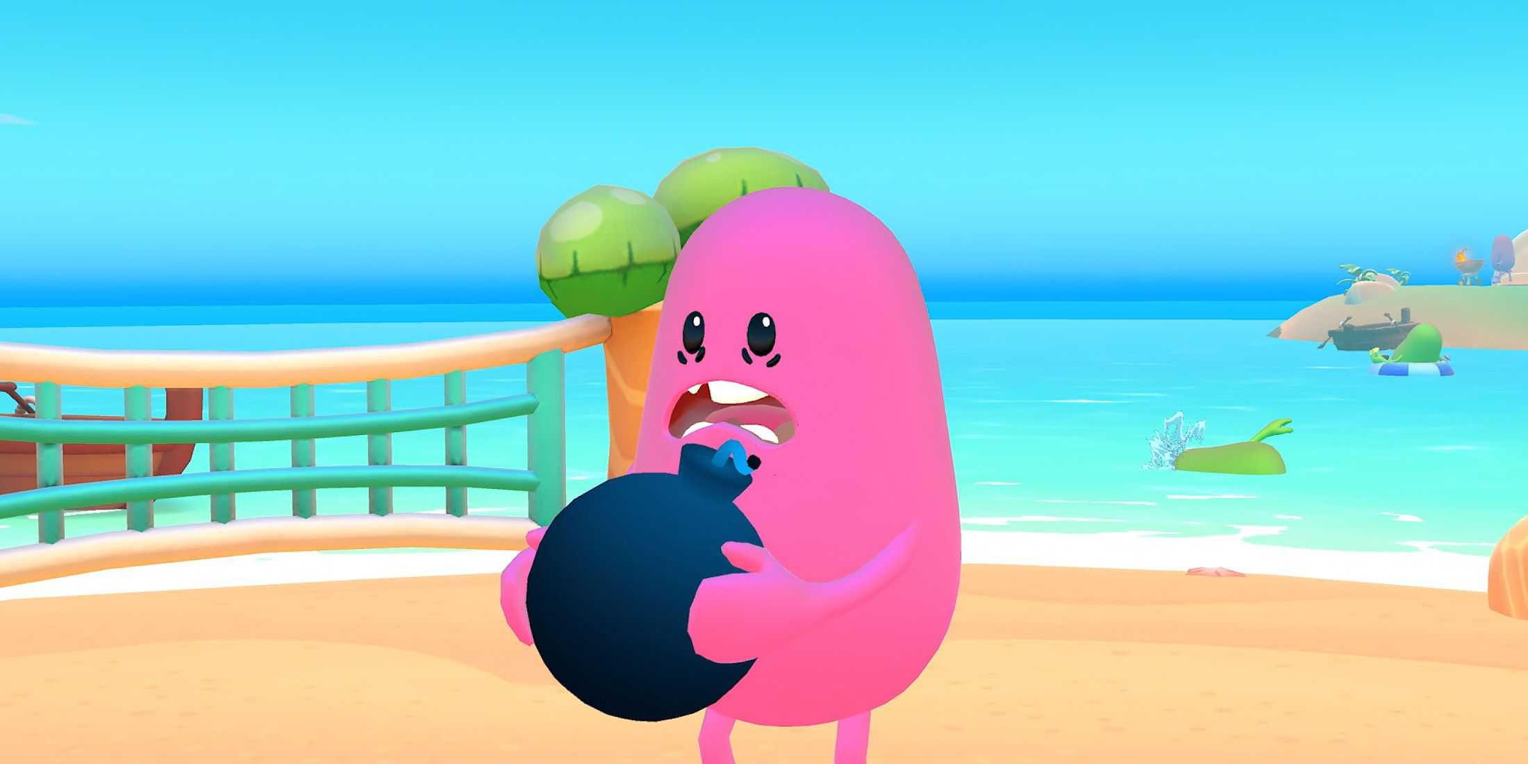 Dumb Ways to Die Free For All trailer screenshot 1 pink bean holding bomb with fuse