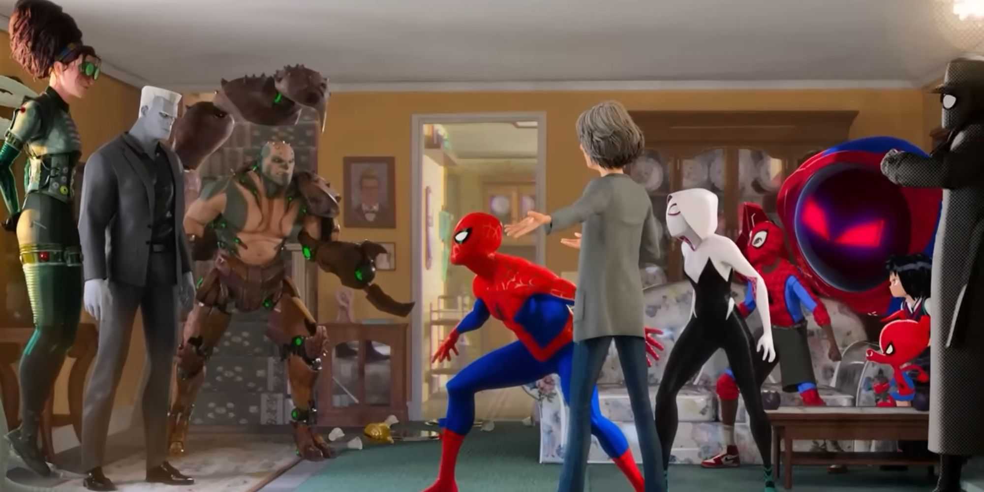 Peter, Gwen, Penni, Porco-Aranha e Noir enfrentam Doutor Octopus, Lápide e Escorpião na casa da Tia May.