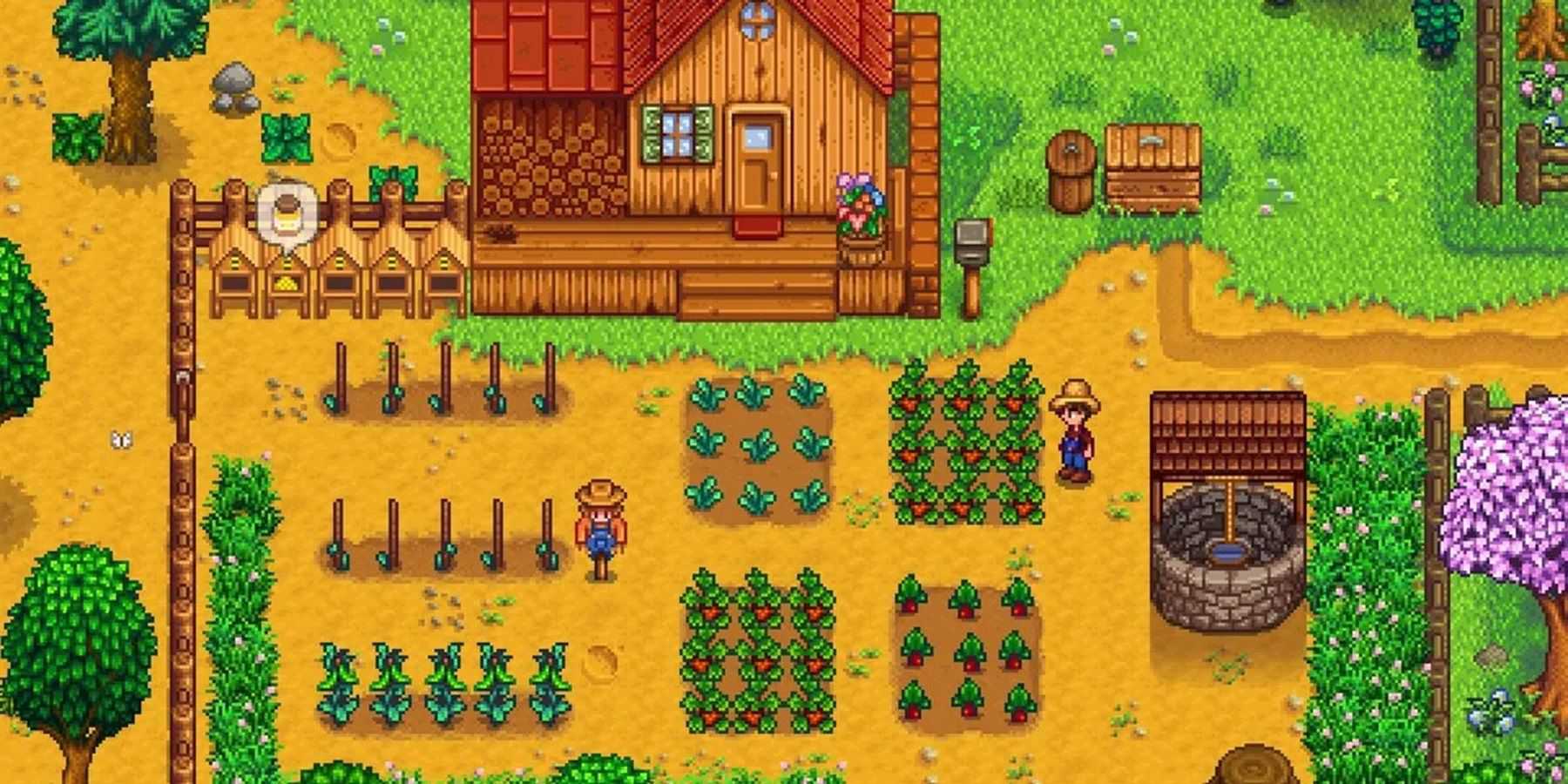 Um jogador em sua fazenda em Stardew Valley