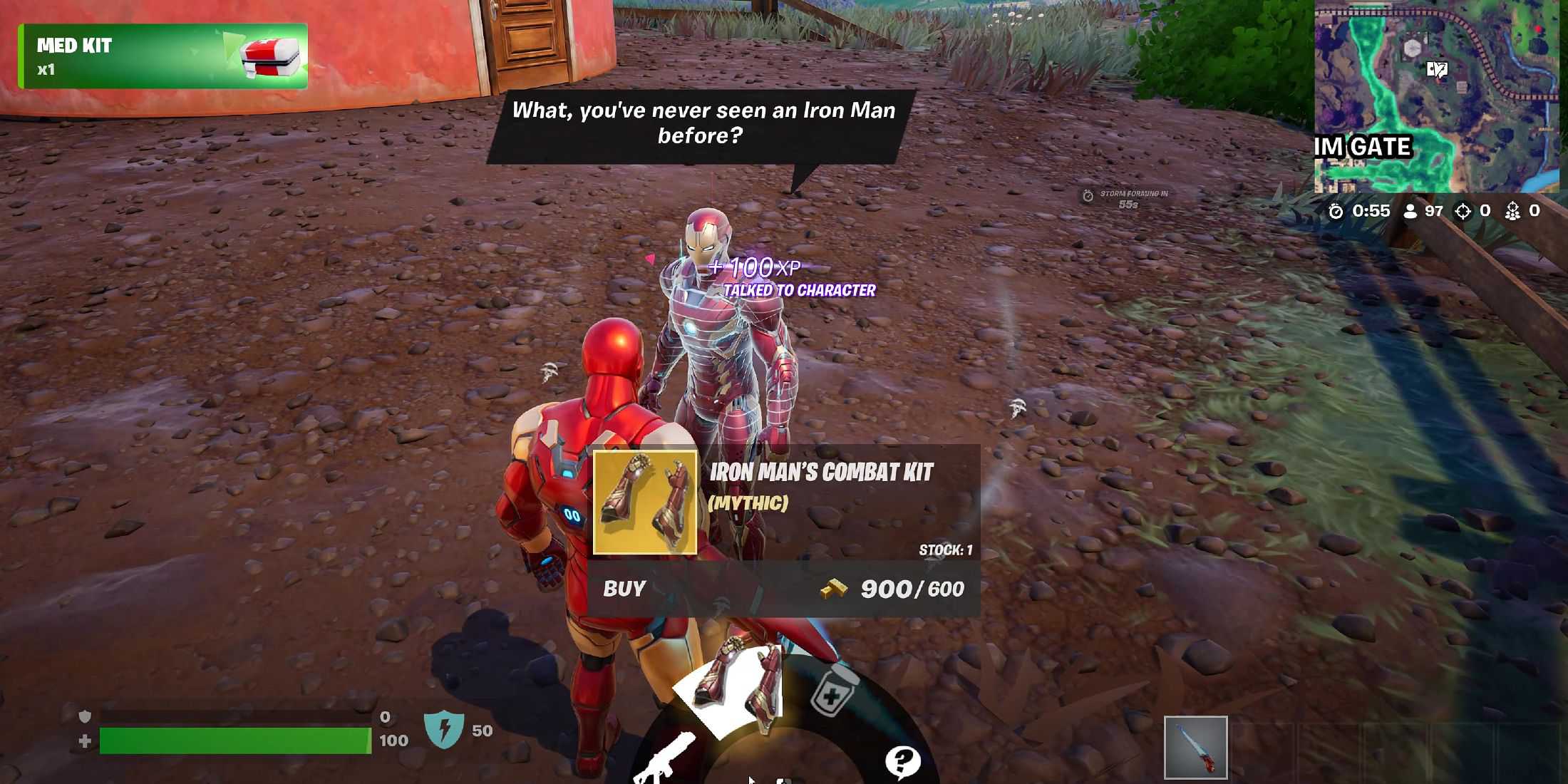 Screenshot showcasing how to buy the Iron Man's Combat Kit from Iron Man in Fortnite 