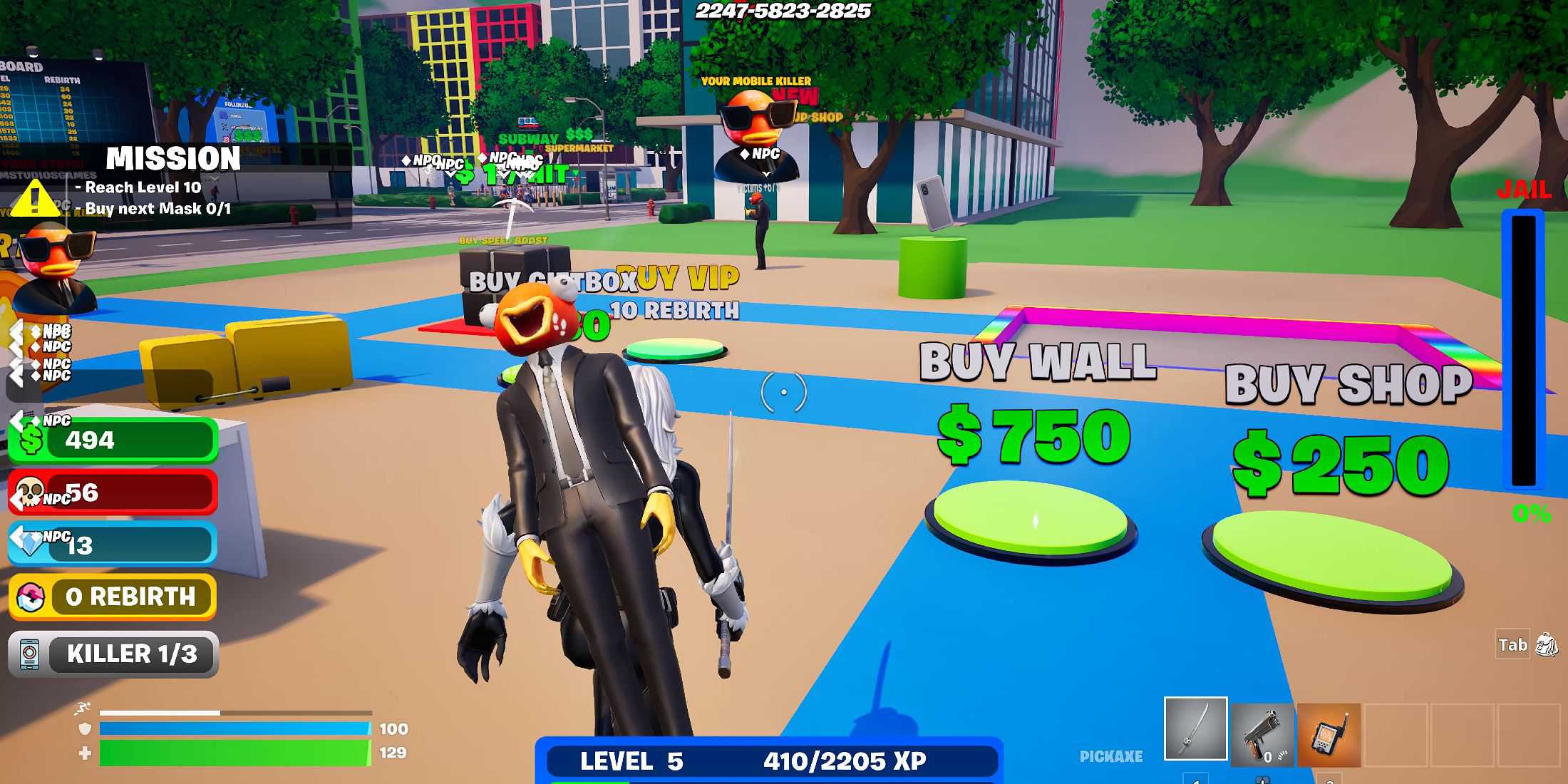 Screenshot showcasing gameplay of the Killer Tycoon Creative map in Fortnite 