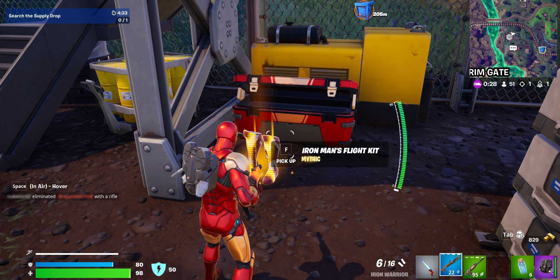 Captura de tela mostrando como encontrar o Kit de Voo do Homem de Ferro nos Baús da Indústria Stark em Fortnite