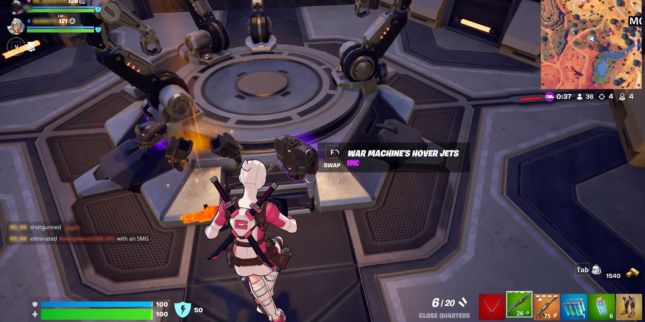 Captura de tela mostrando como obter os Hover Jets da Máquina de Combate no Arsenal Móvel Stark em Fortnite