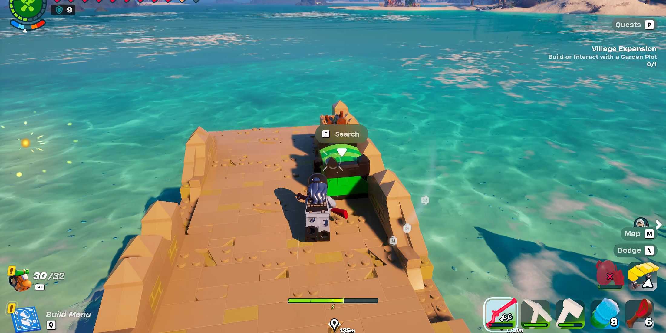 Captura de tela mostrando onde encontrar baús em cidades piratas em LEGO Fortnite