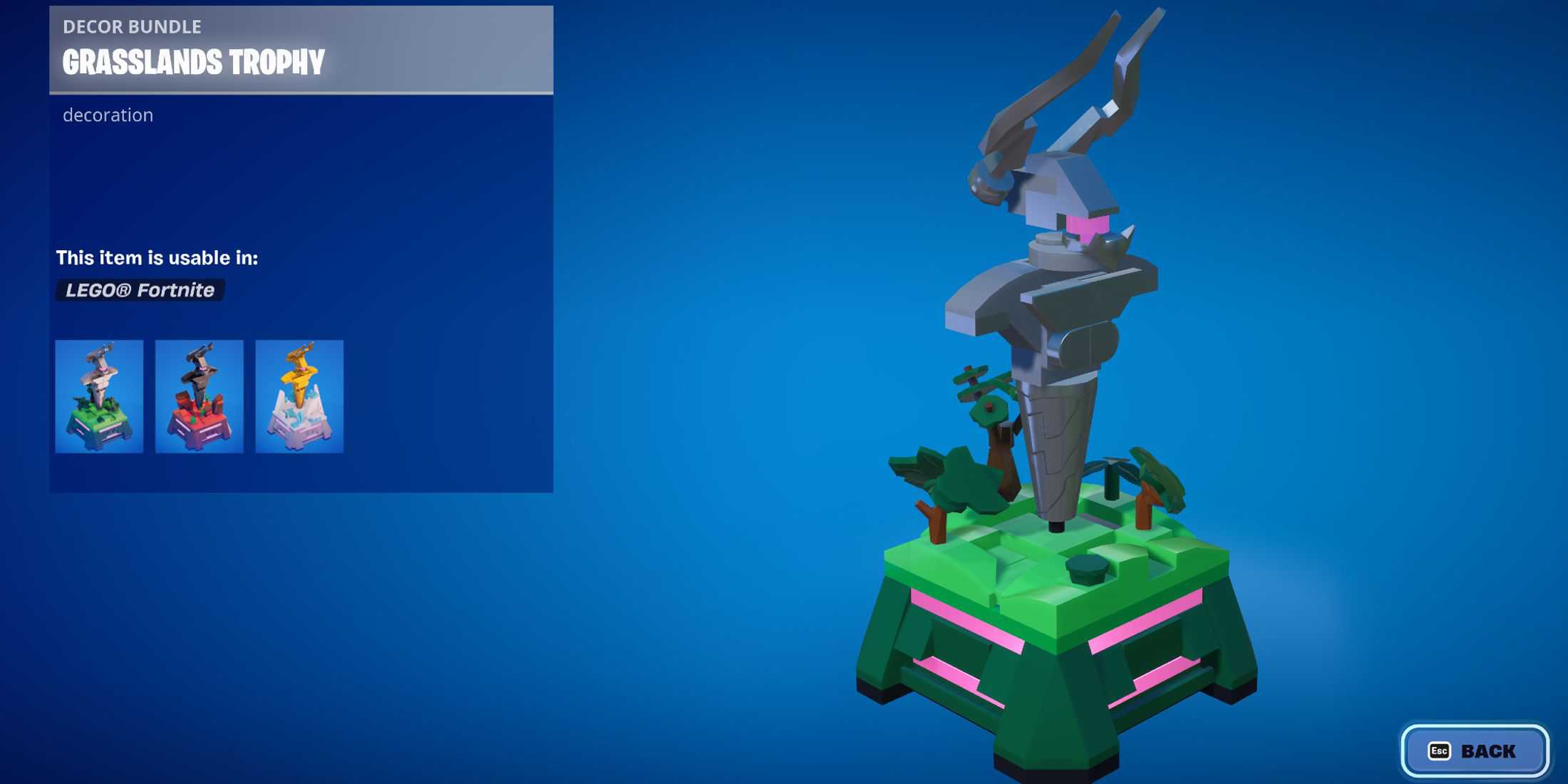 screenshot showcasing the Grasslands Trophy in LEGO Fortnite 